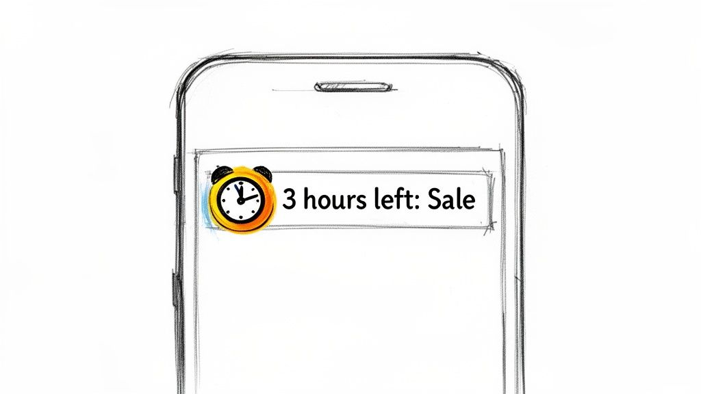 A sketched smartphone displays a notification with an alarm clock icon and '3 hours left: Sale'.