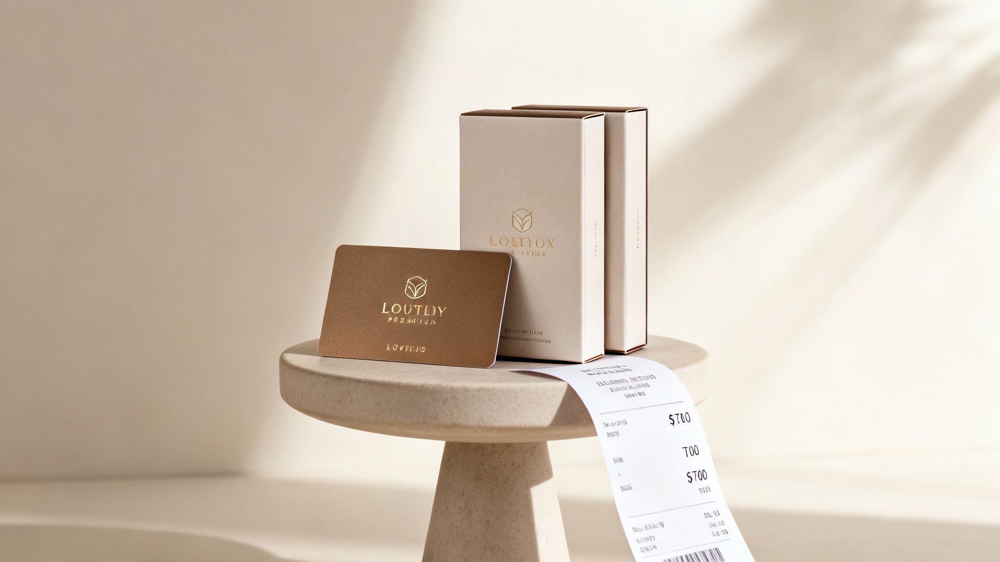 Gold premium membership card and two branded product boxes displayed on a pedestal with a receipt.