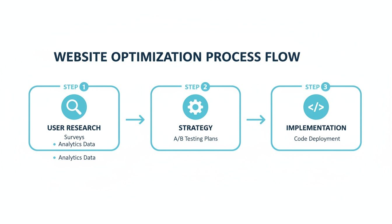 Flowchart showing the 3-step website optimization process: User Research, Strategy, and Implementation.