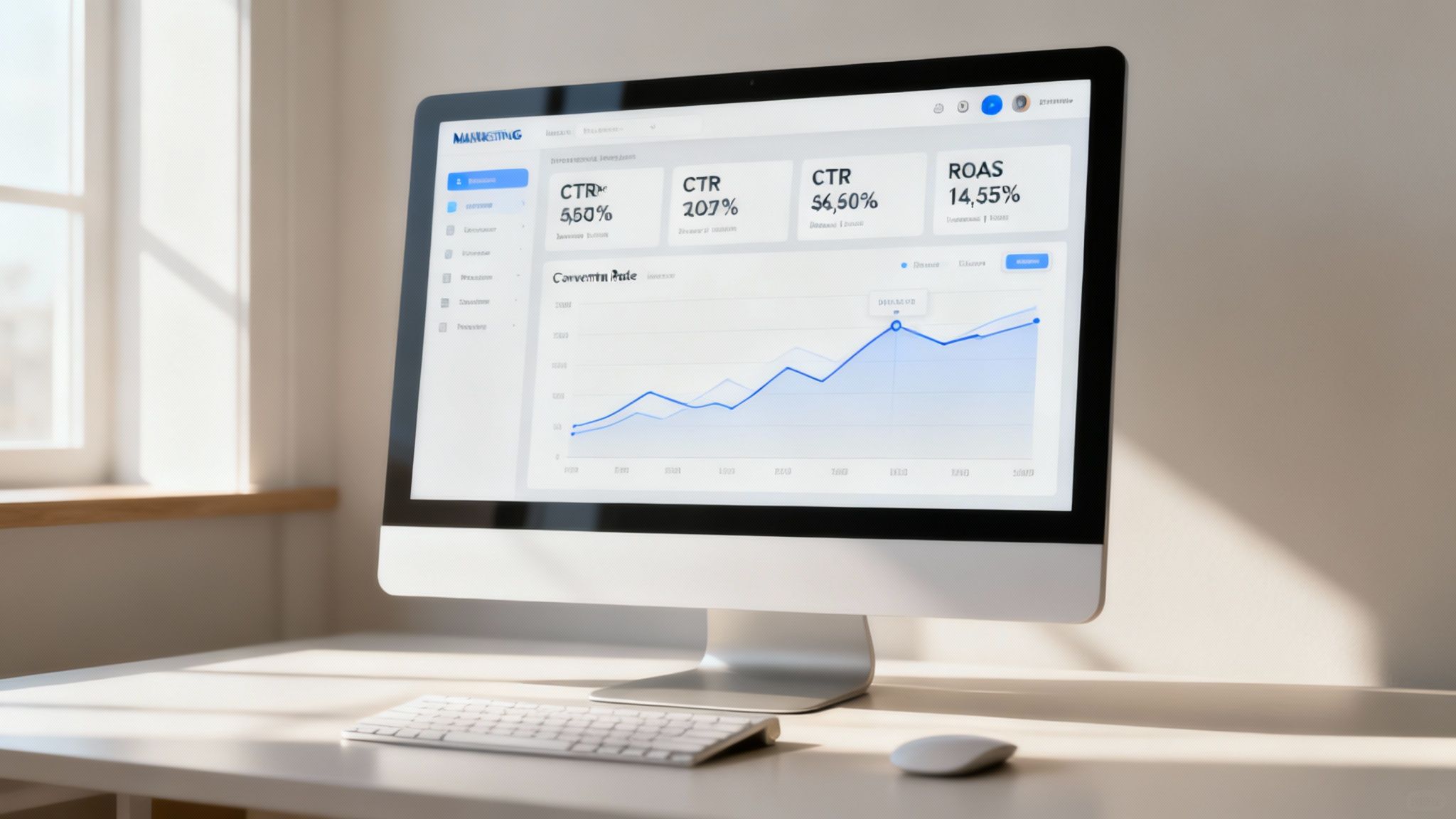 A person pointing at a screen with several charts and graphs displaying business metrics.