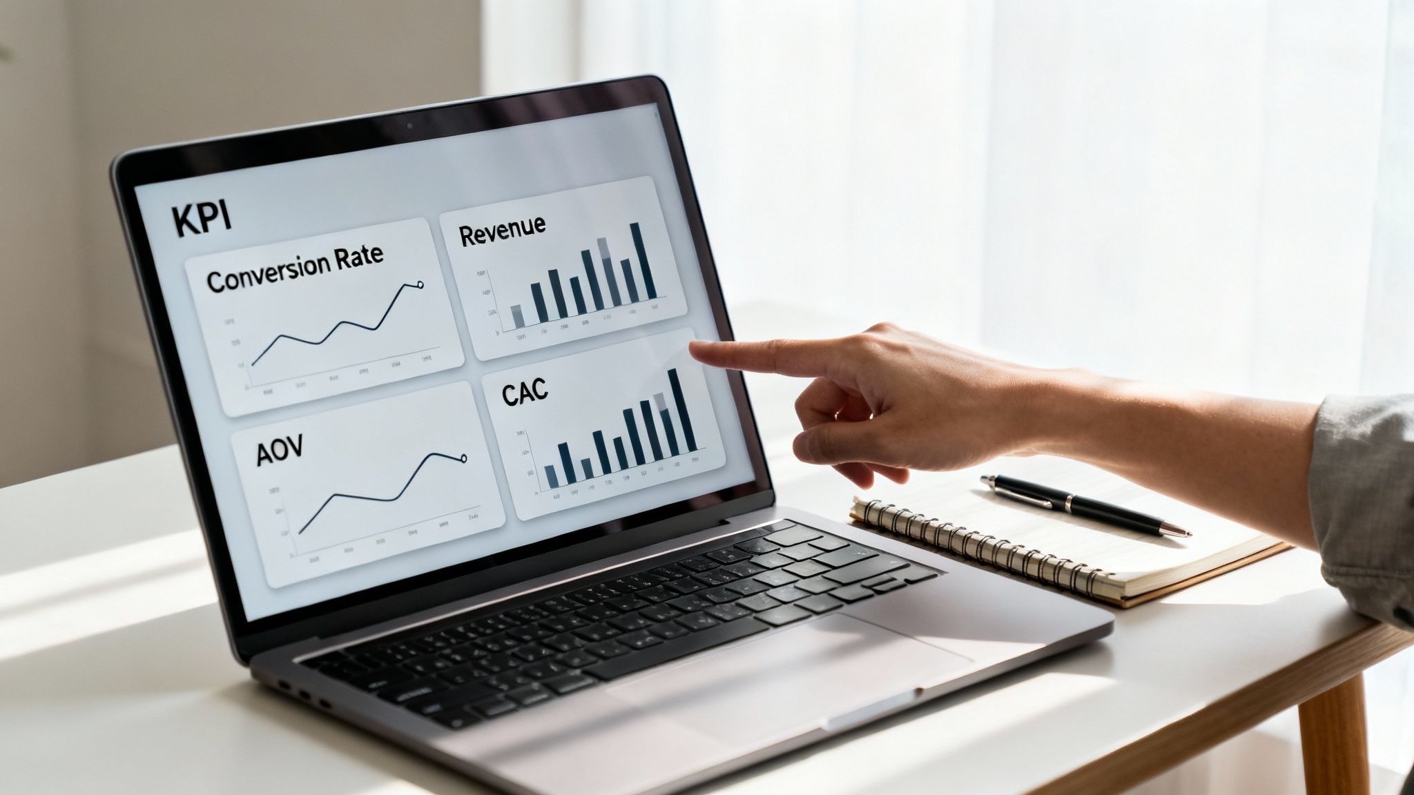 Person pointing at a laptop displaying business KPI dashboards with charts for conversion rate, revenue, and AOV.
