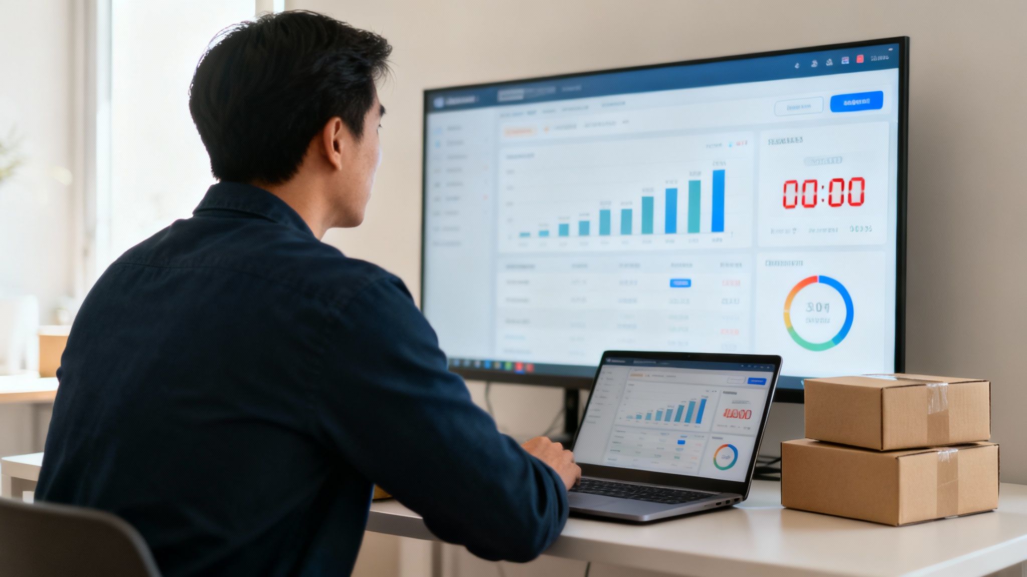 Entrepreneur analyzing sales data and growth charts on laptop and monitor for product launch