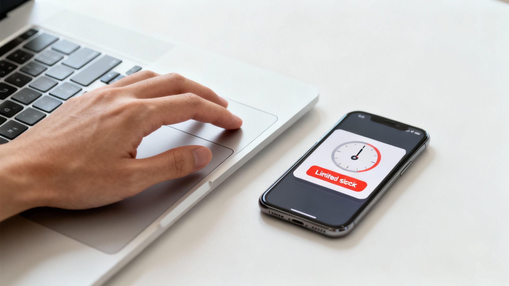 A person looking at a limited-time offer on their phone, surrounded by dynamic graphics illustrating urgency and scarcity.