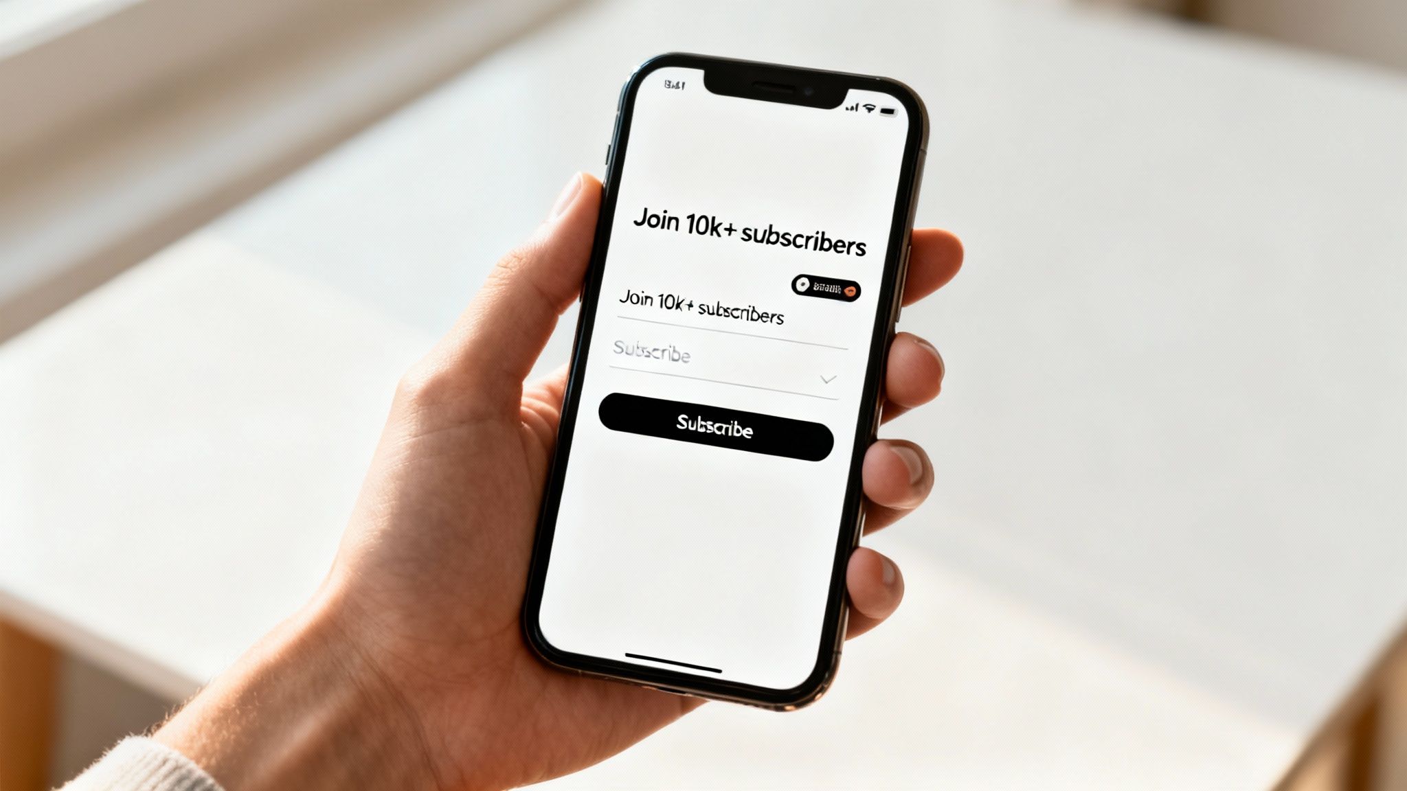 A hand holds a smartphone displaying a 'Join 10K+ subscribers' email subscription form.