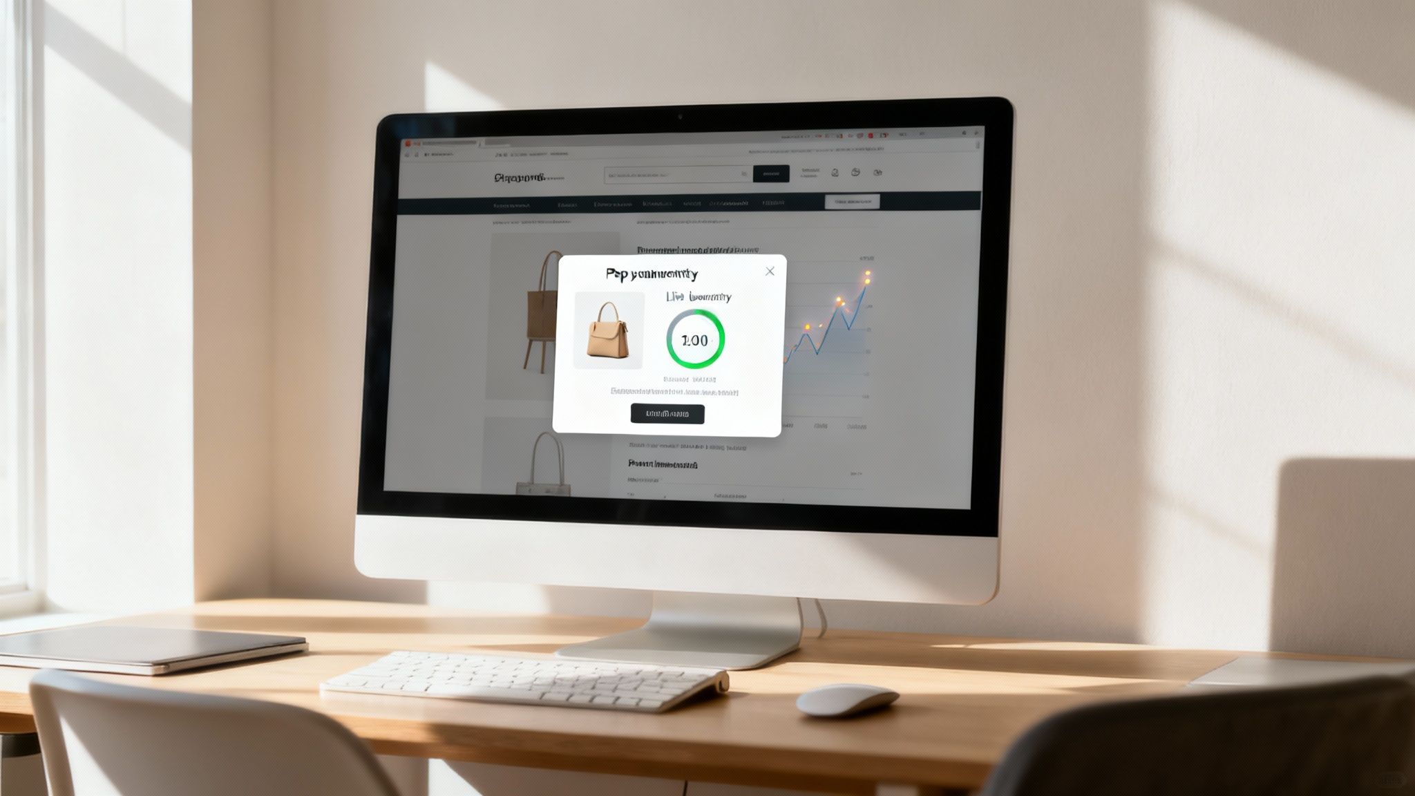 A desktop computer displays a website with a pop-up notification featuring a handbag and progress bar.