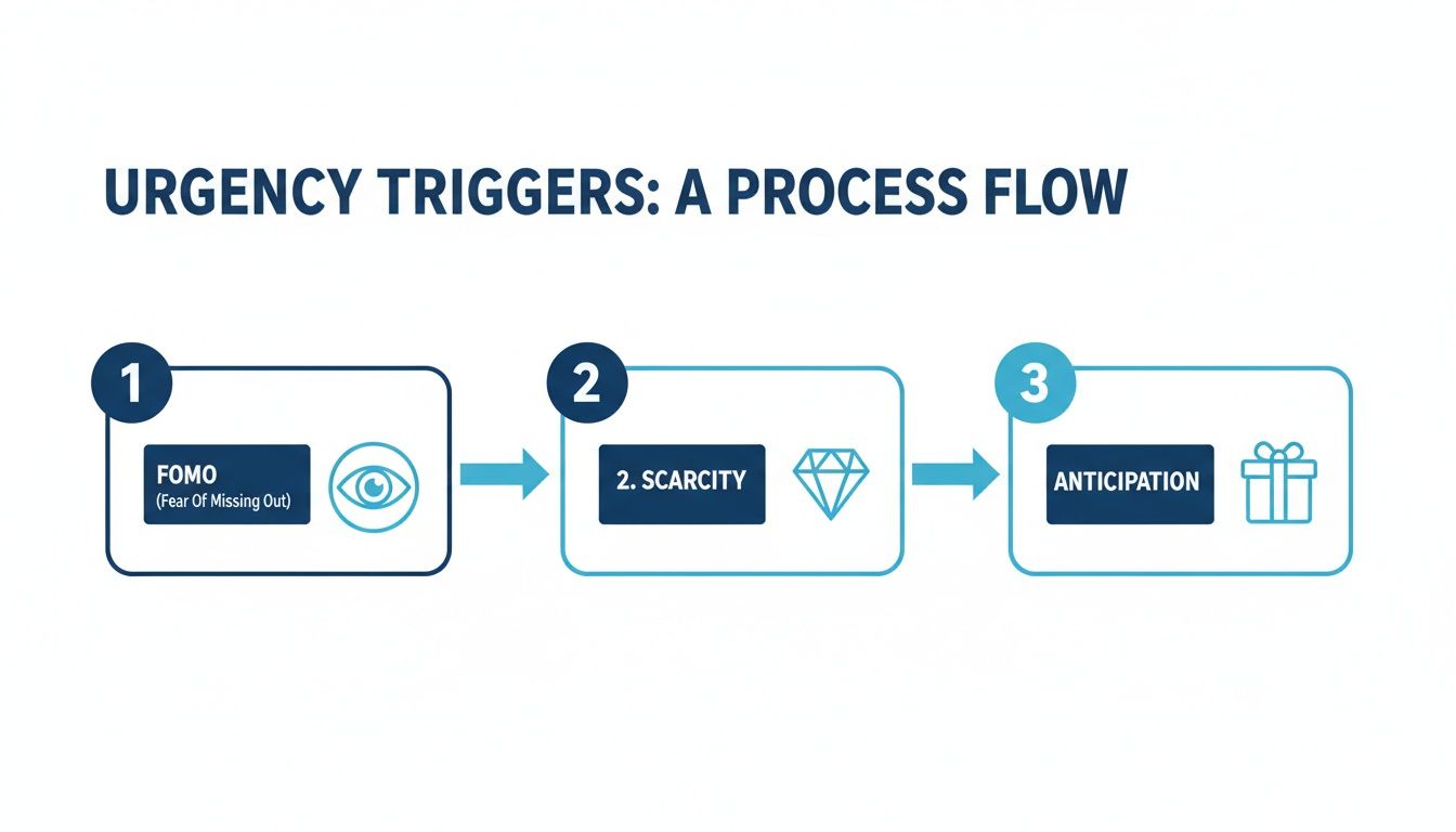 A process flow diagram illustrating urgency triggers: FOMO, scarcity, and anticipation.