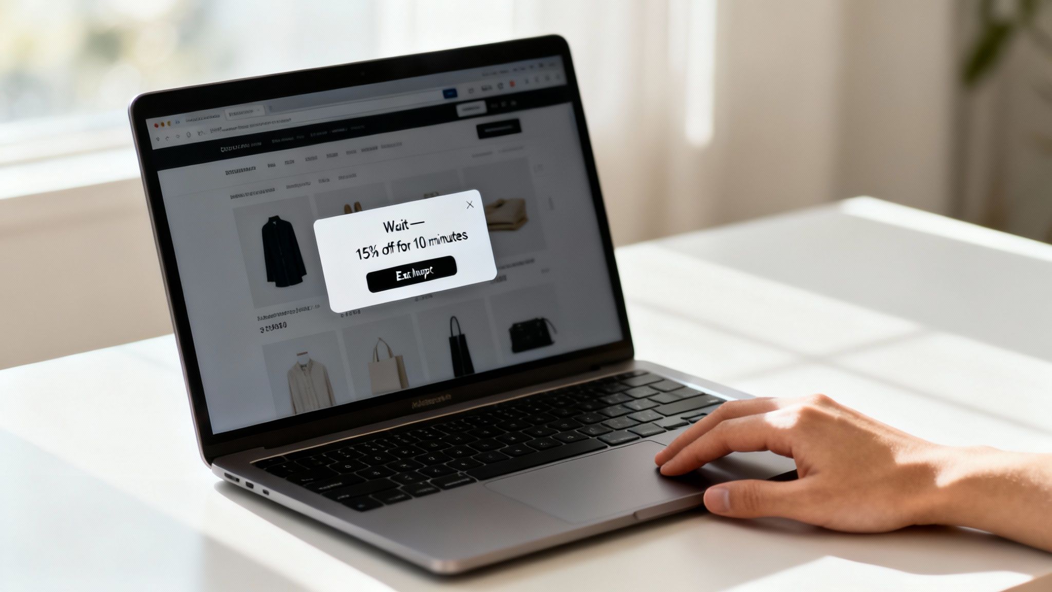 A person browsing an e-commerce website on a laptop, encountering an exit-intent popup offering a 15% discount.