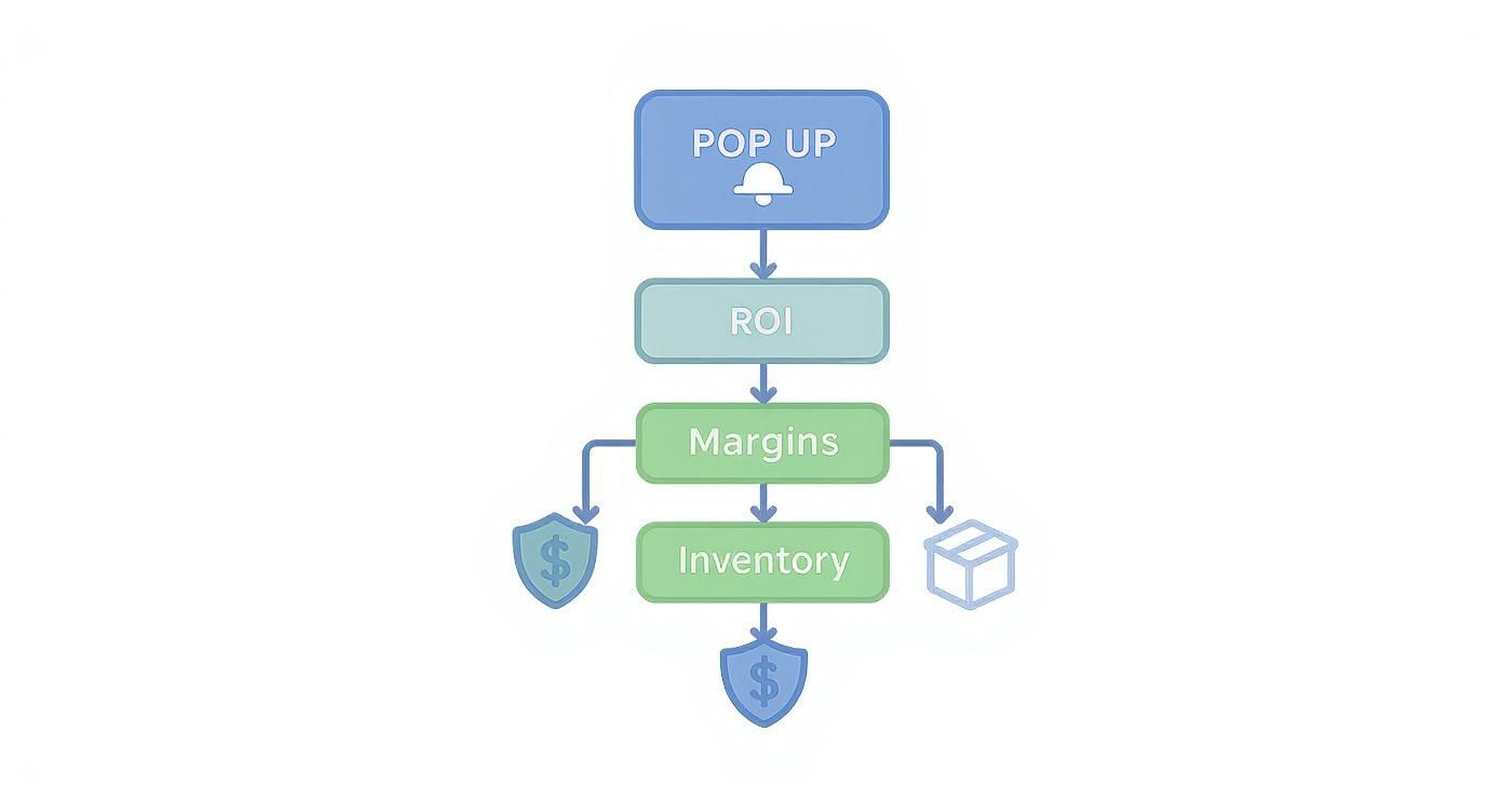 Flowchart showing pop-up notifications impacting ROI, margins, inventory, and financial outcomes.