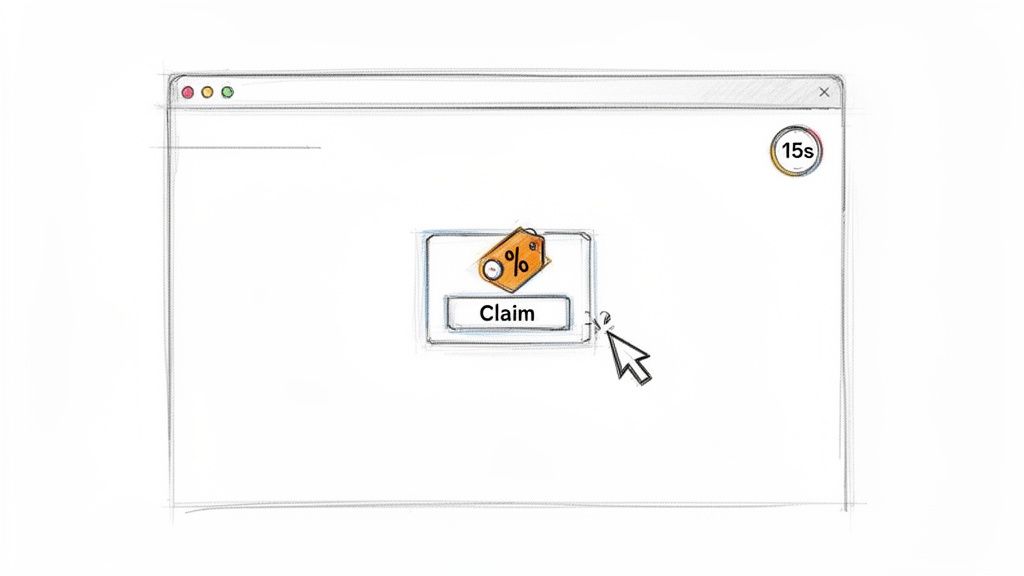 Hand-drawn sketch of a browser window showing a pop-up ad with a discount tag, 'Claim' button, and a 15s timer.