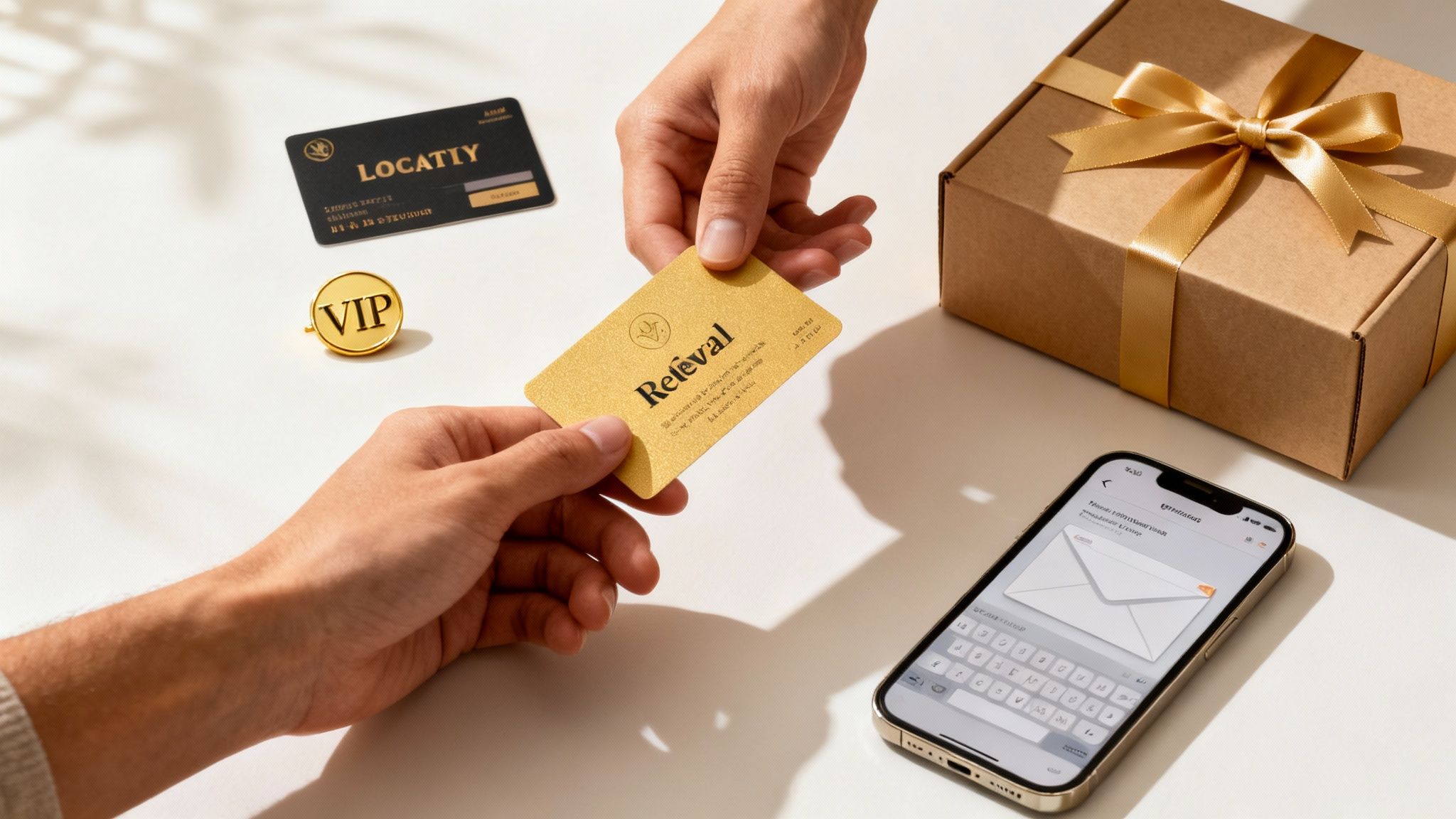 Two hands exchanging a gold loyalty card, with a VIP pin, a gift box, and a phone on a white surface.