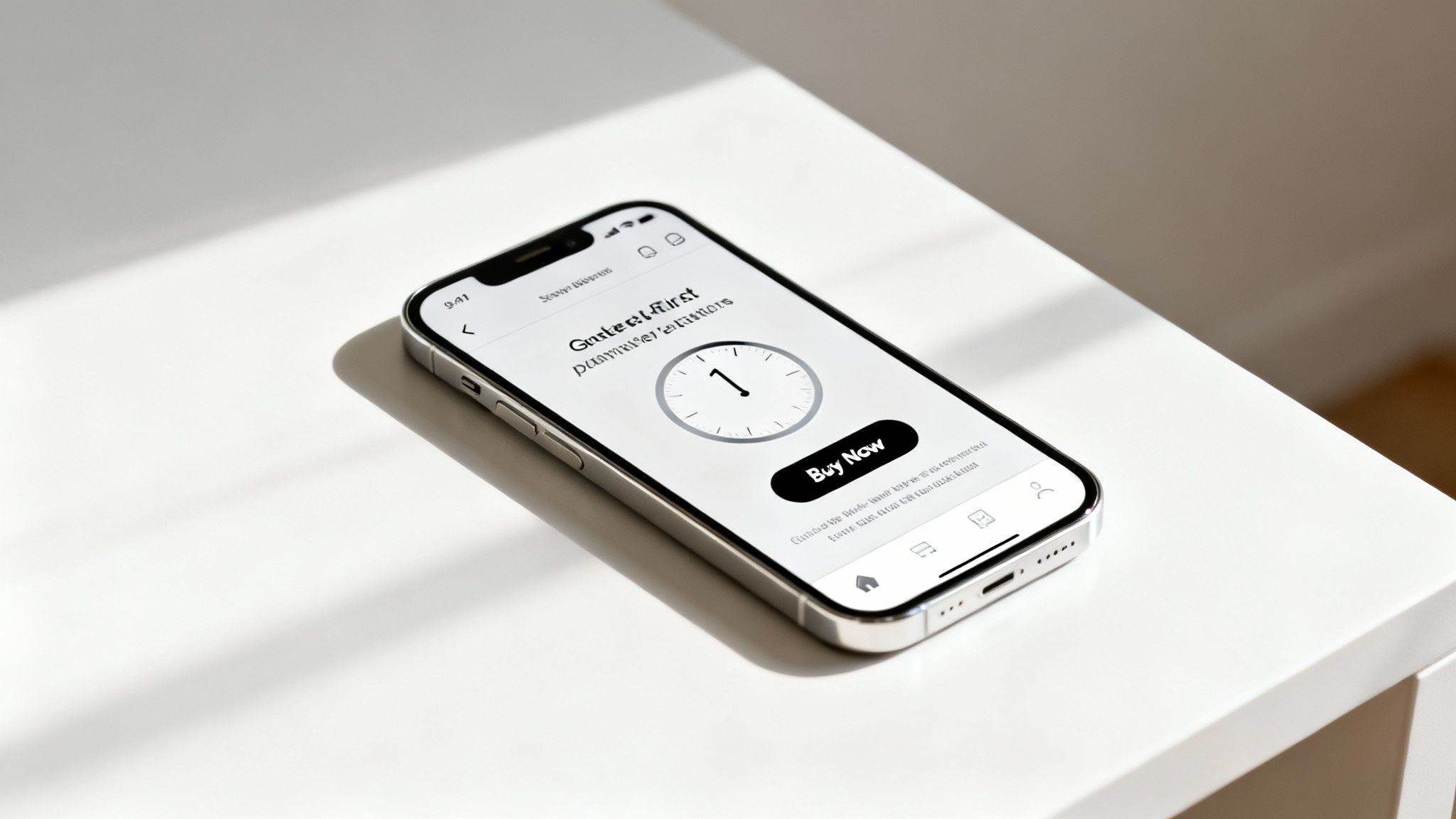 A silver iPhone displaying an app with a clock icon, "Buy Now" button, and "Gated First" text, on a white surface with shadows.