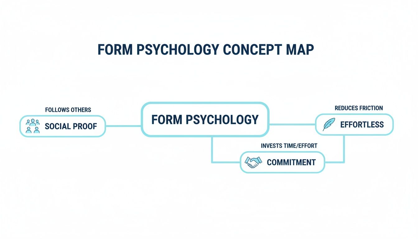 Concept map illustrating form psychology principles, including social proof, effortless interaction, and user commitment.