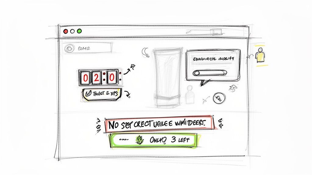 A hand-drawn wireframe sketch of a website interface featuring a timer, input fields, and interaction elements.