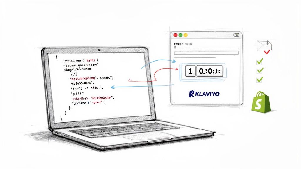 Code on a laptop interacting with a Klaviyo email pop-up featuring a countdown timer, connected to Shopify.