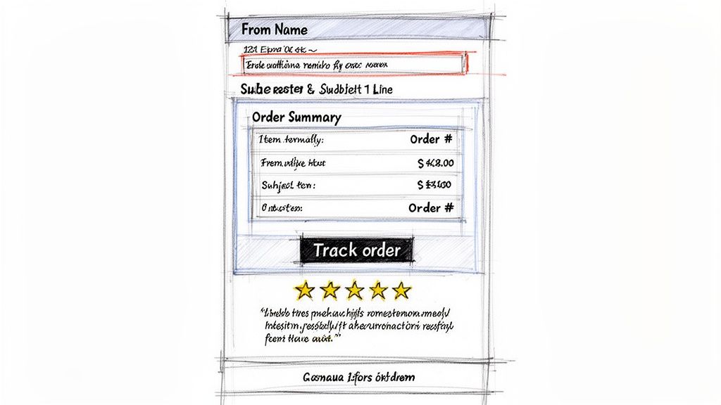 Hand-drawn sketch of an order confirmation email template showing summary, tracking, and customer review.