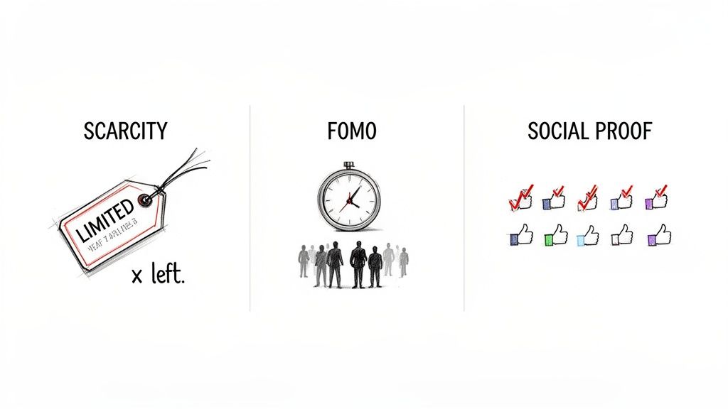 Visual explanation of three marketing principles: scarcity, FOMO (fear of missing out), and social proof.