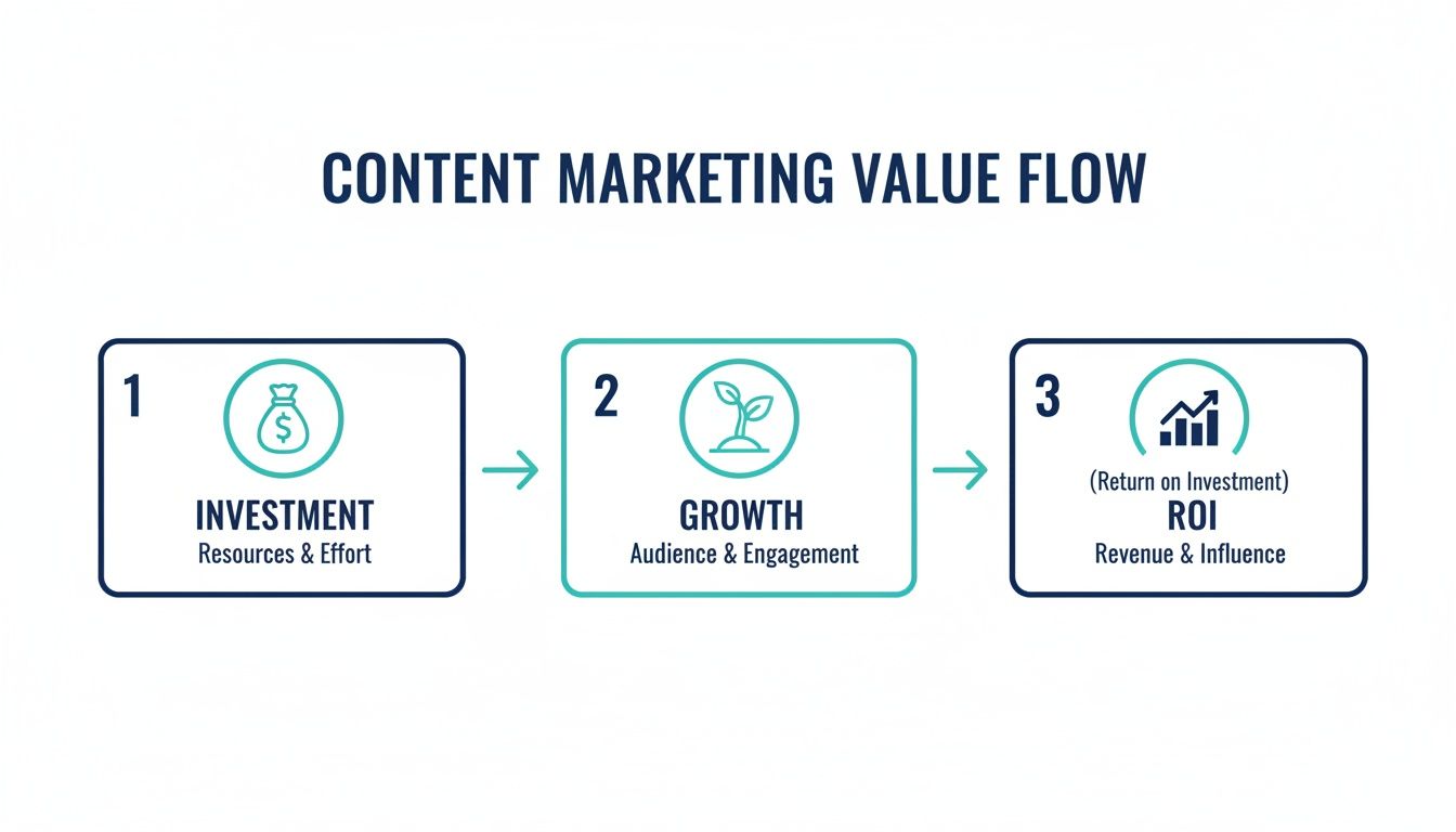 Infographic illustrating the content marketing value flow: Investment leads to Growth, which leads to ROI.