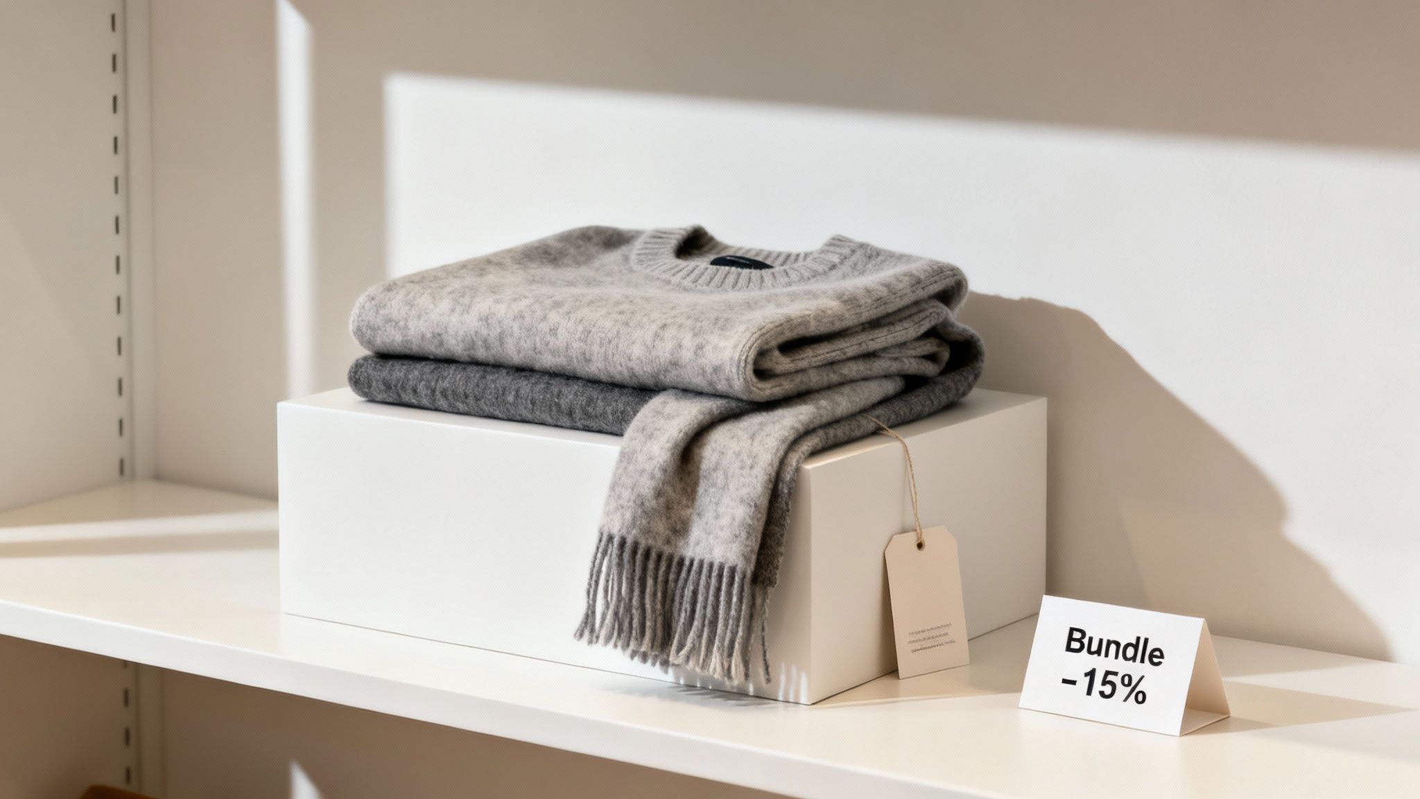 Soft gray sweaters and a scarf are displayed with a 'Bundle -15%' sign in a retail store.