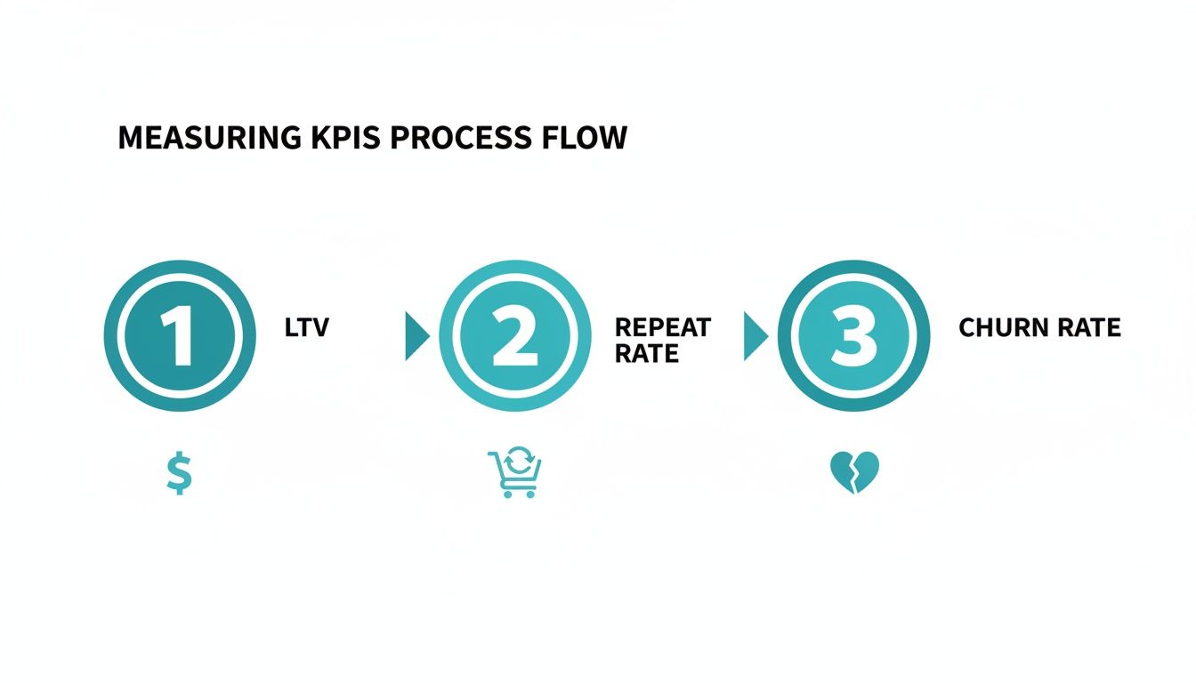 Process flow diagram showing three key customer retention KPIs: LTV, Repeat Rate, and Churn Rate.