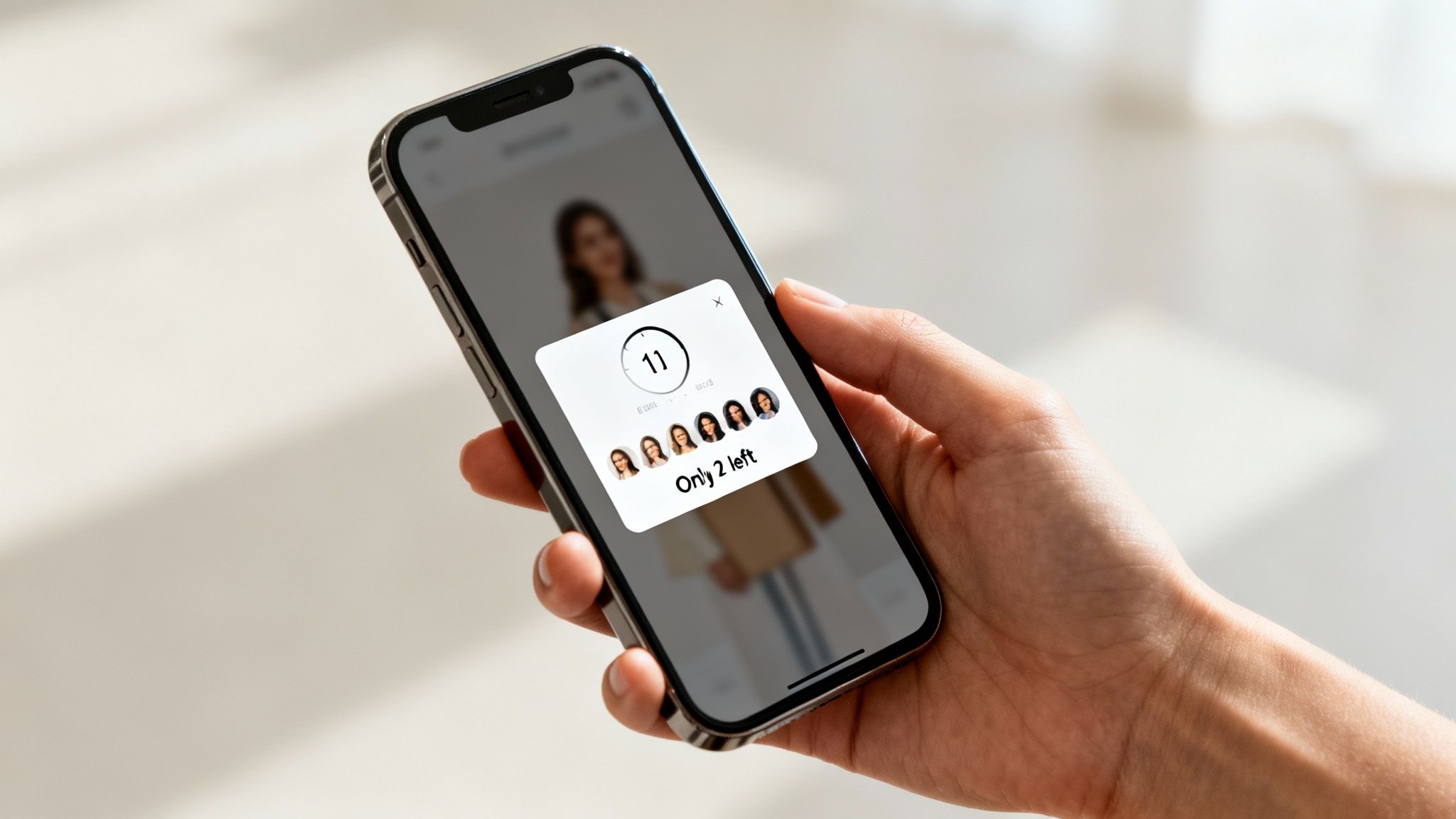 Close-up of a hand holding a smartphone showing a product scarcity pop-up with 'Only 2 left'.