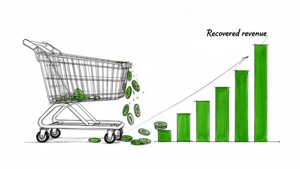 An illustration of coins falling from a shopping cart with a chart showing increasing recovered revenue.