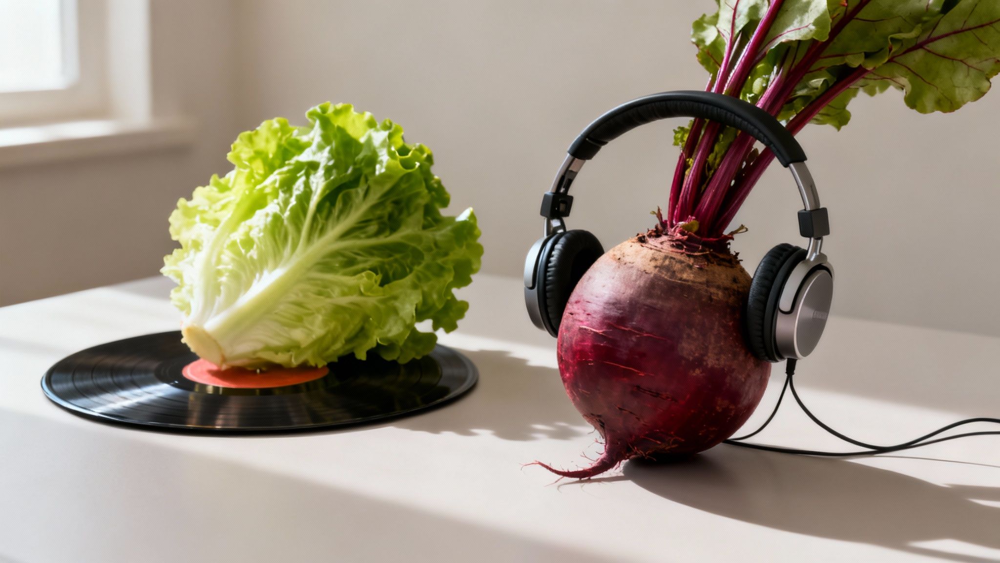 A humorous image of a head of lettuce on a vinyl record and a beetroot wearing headphones.