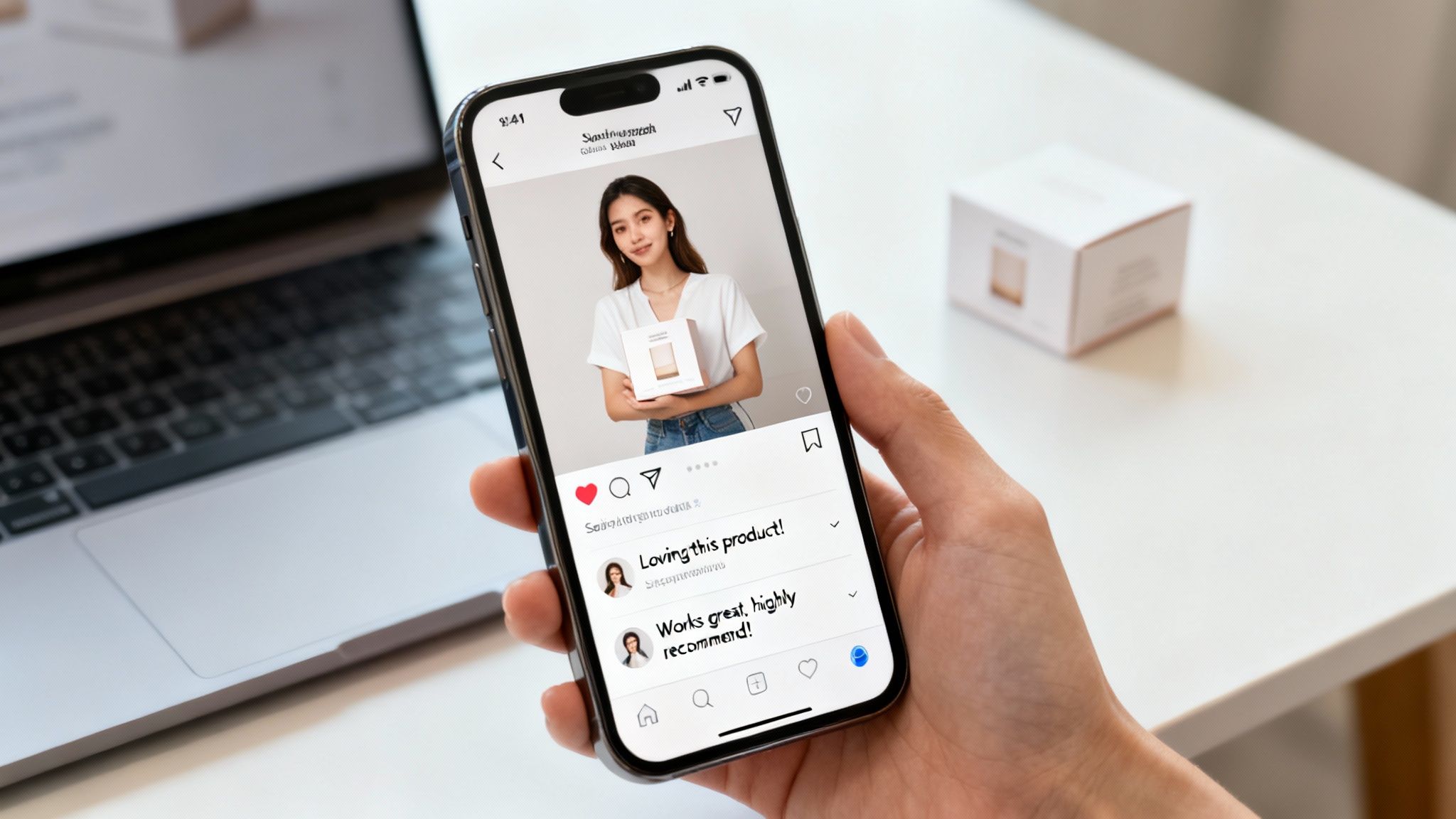 A person holds a smartphone displaying a social media post with a woman holding a beauty product and customer reviews.