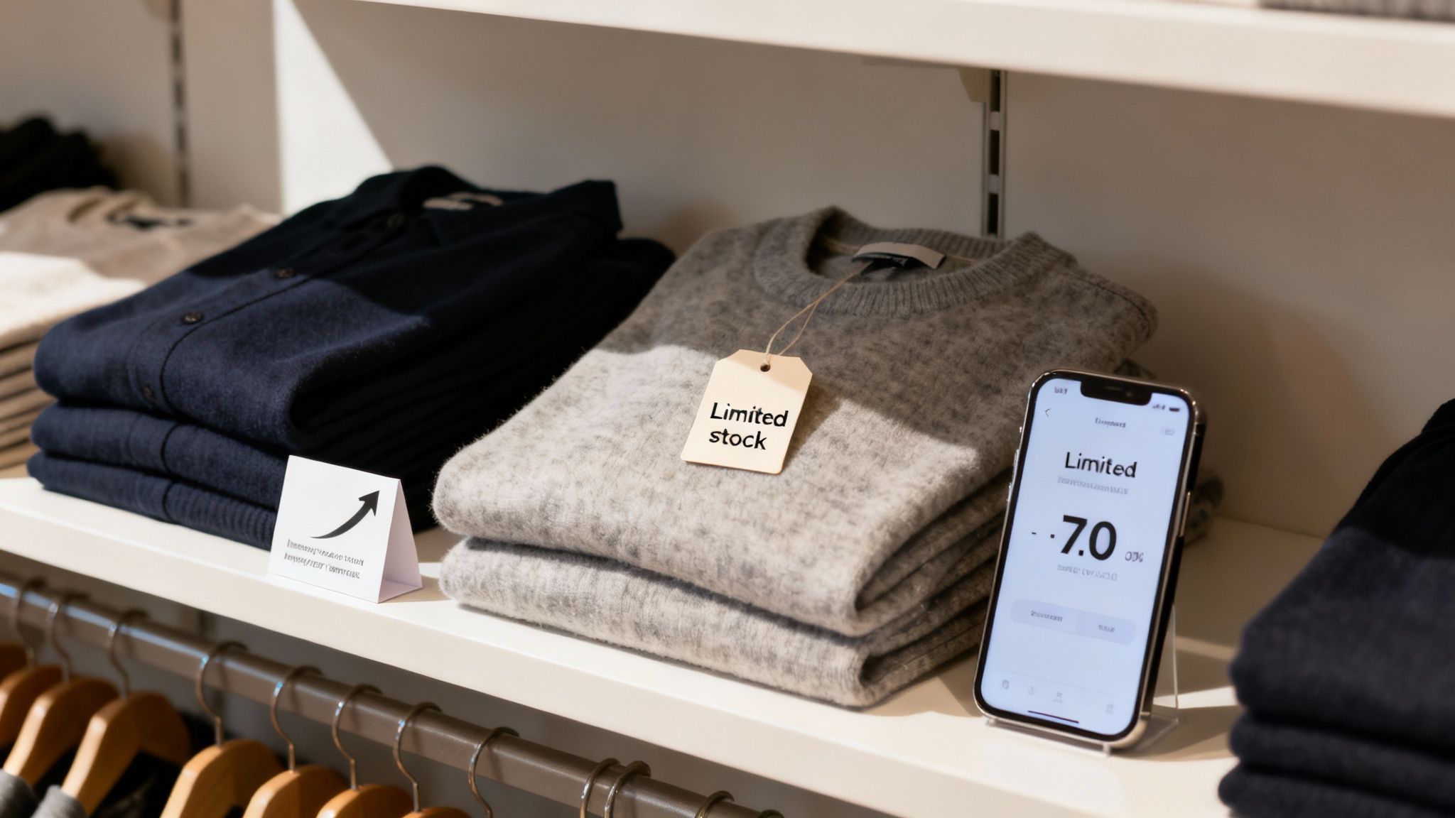 Retail shelf display with neatly folded sweaters, a 'Limited stock' tag, and a smartphone showing inventory data.