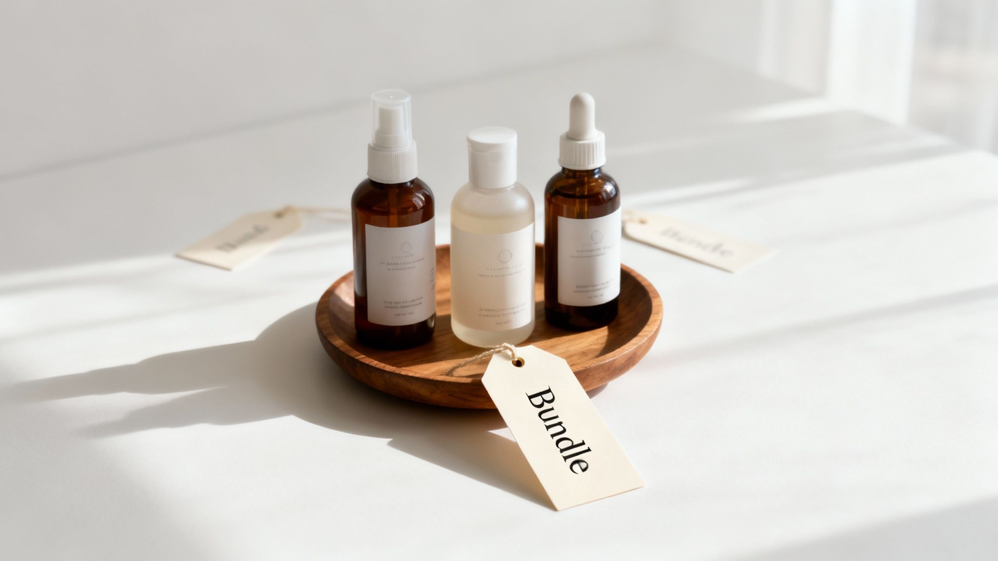 A customer happily holding shopping bags filled with bundled products.