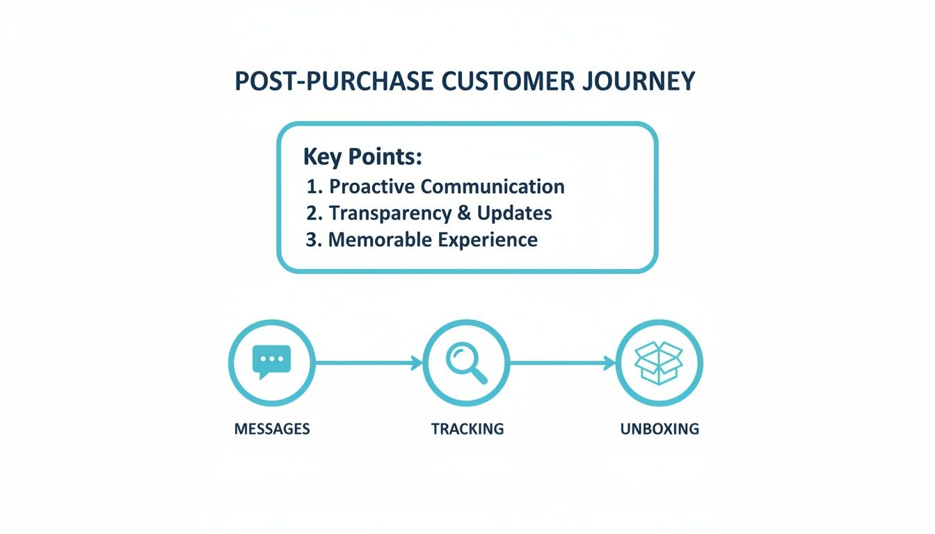 Infographic outlining the post-purchase customer journey, emphasizing communication, tracking, and unboxing for retention.