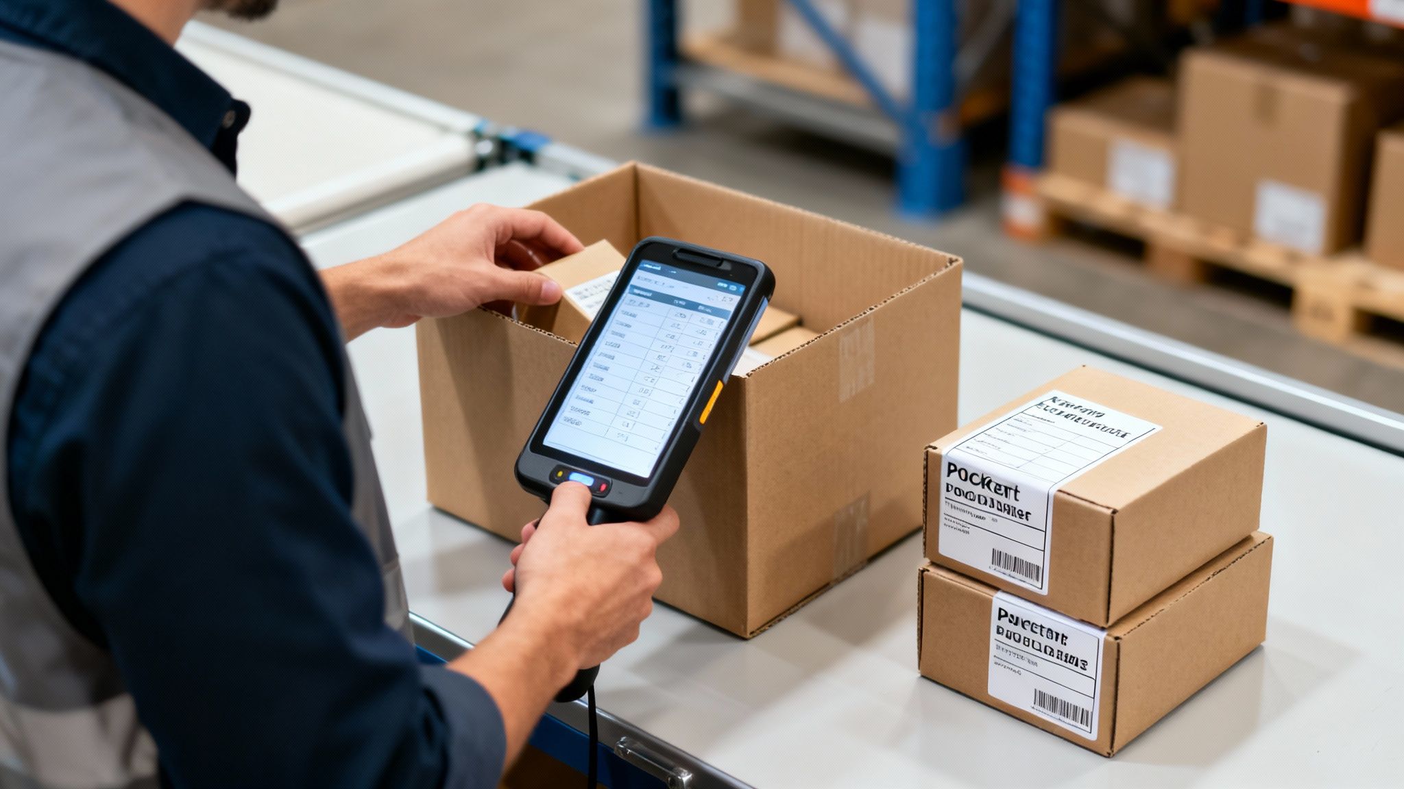 A worker in a warehouse using a handheld barcode scanner to process packages for inventory management.