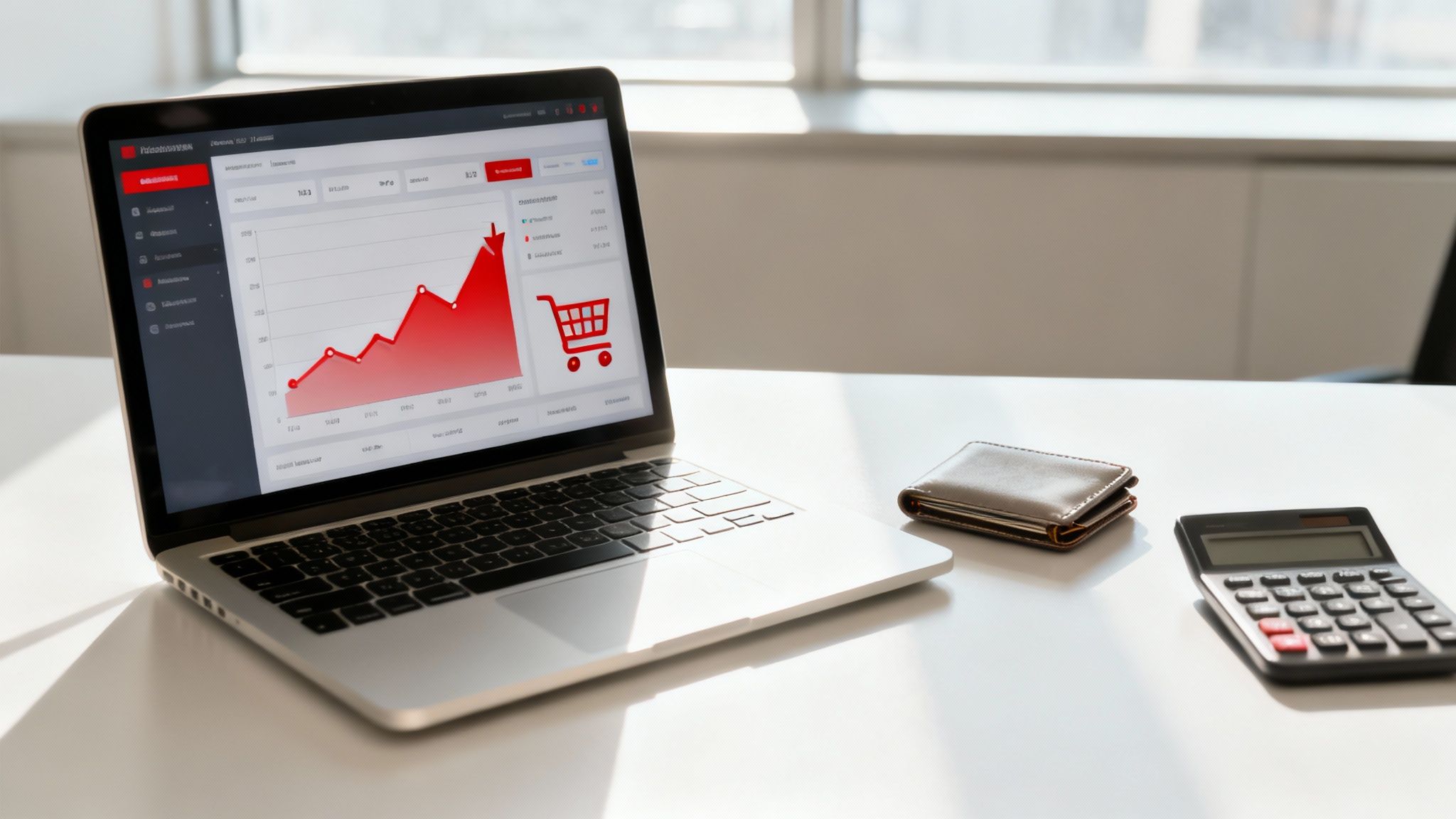 An abstract image showing downward-trending red arrows over a shopping cart icon, symbolizing lost revenue and the costs of low conversion rates.