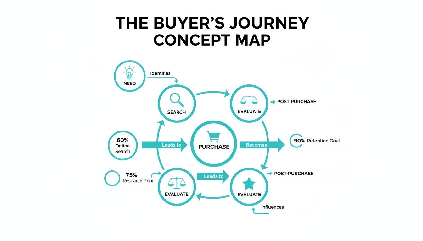 A concept map showing the buyer's journey with stages like need, search, evaluate, and purchase, including post-purchase and retention.