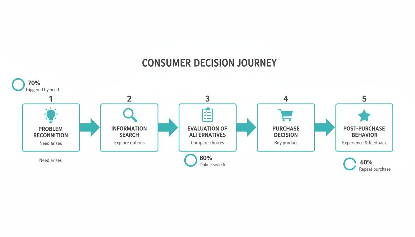 Flowchart illustrating the 5-step consumer decision journey, from problem recognition to post-purchase behavior, with key statistics.