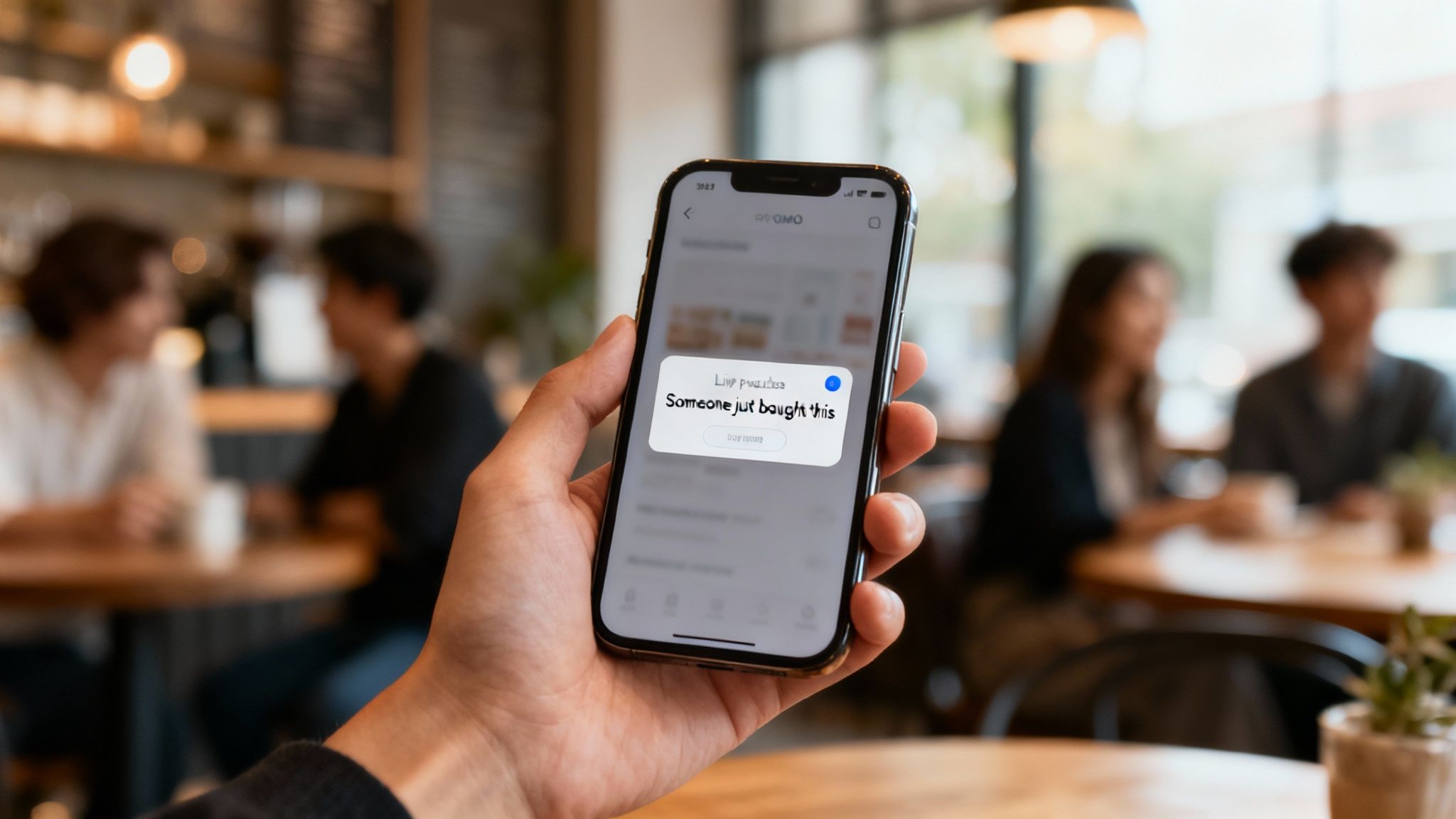A hand holds a smartphone in a cafe, showing an app with a 'Someone just bought this' notification.