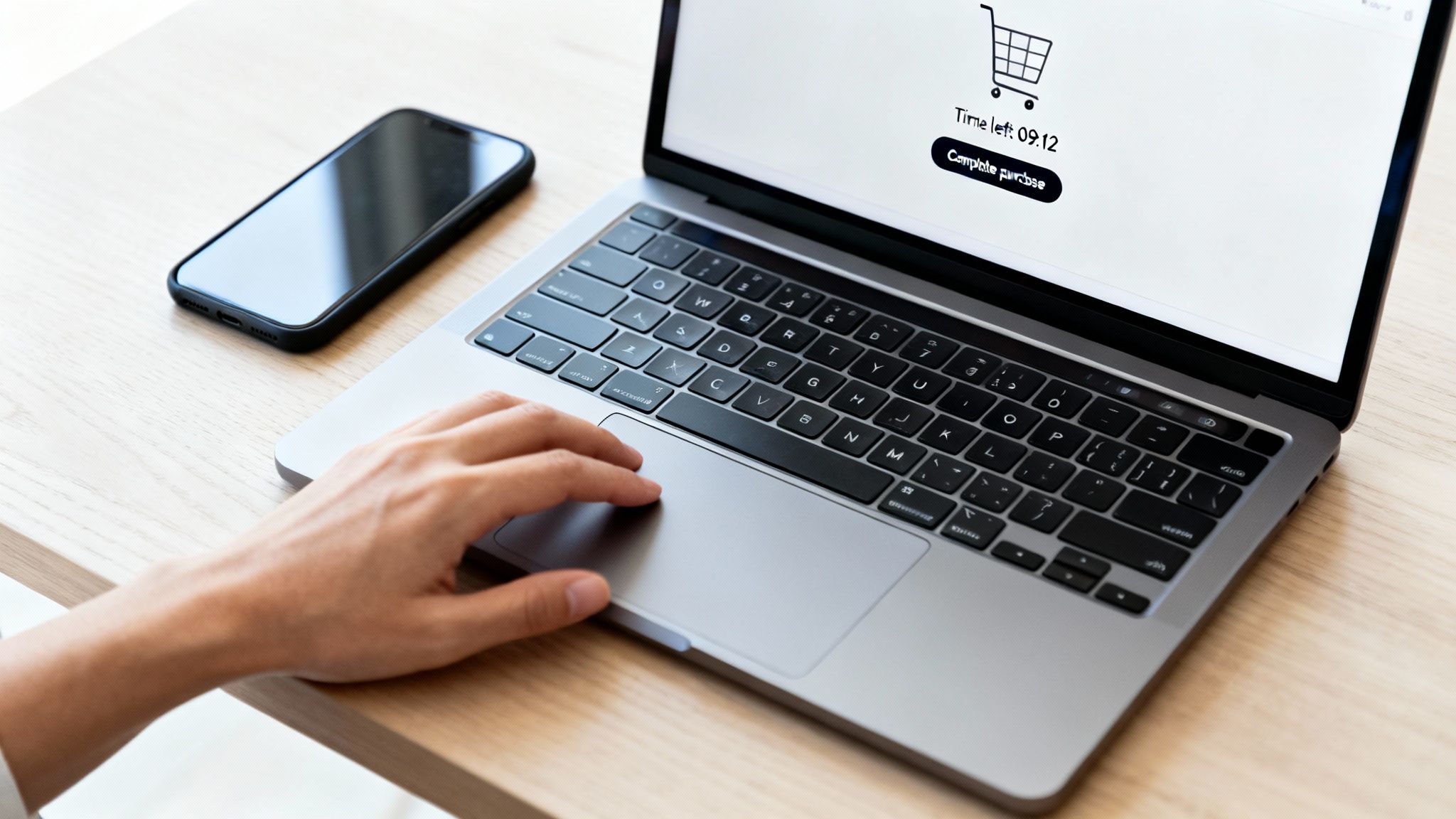 Person's hand on laptop trackpad, completing an online purchase with a shopping cart icon on screen.