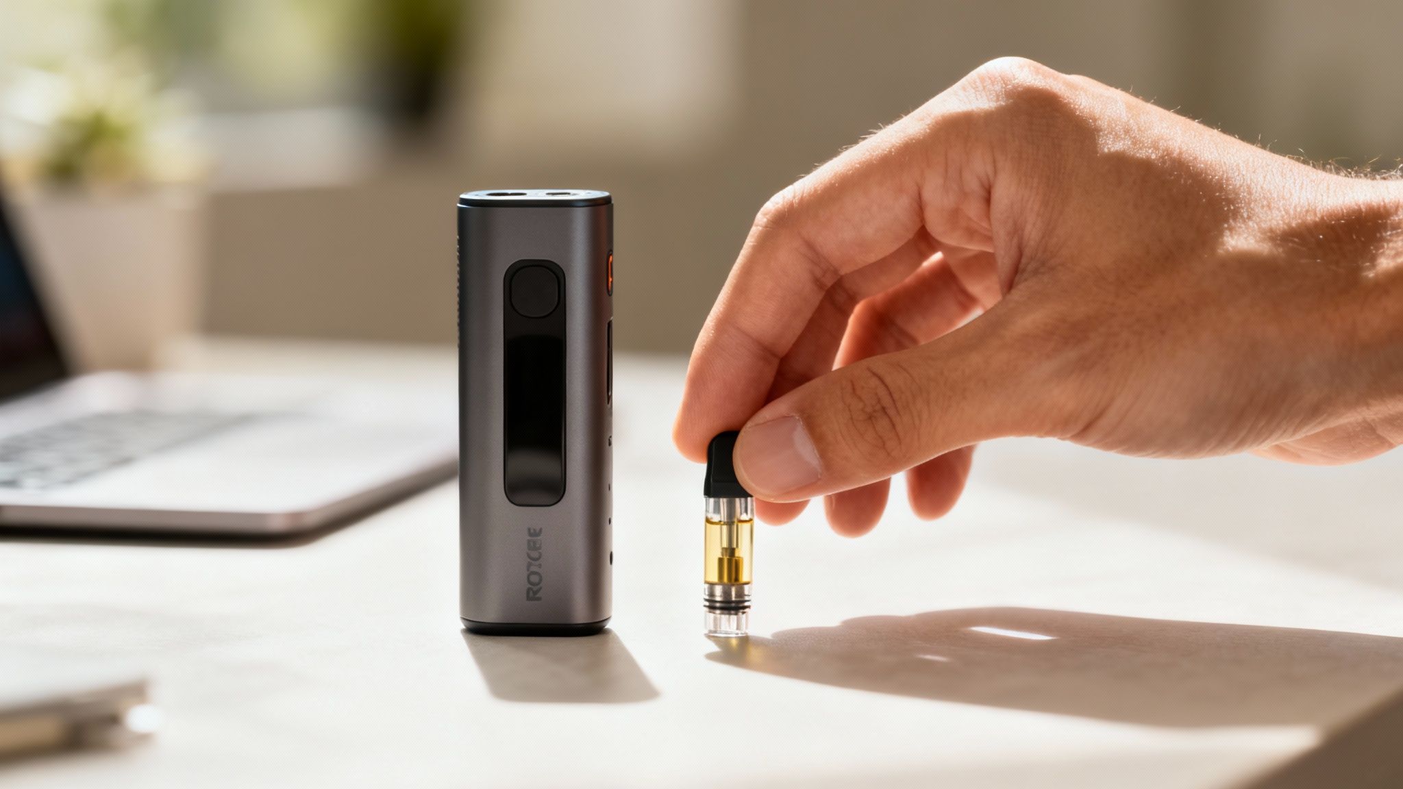 A hand holds a small vape cartridge next to a gray "ROIOCE" vape device on a table.