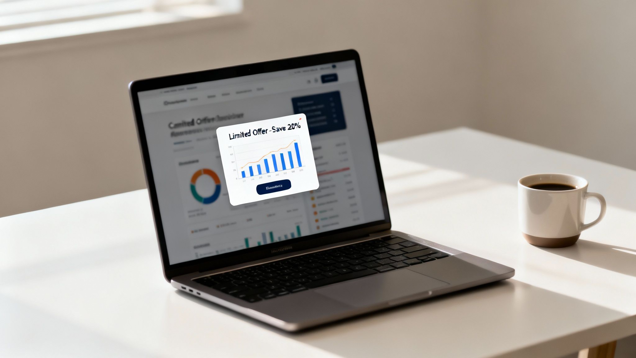 A laptop on a white desk displays a pop-up with a business chart and a 'Limited Offer - Save 20%' message.