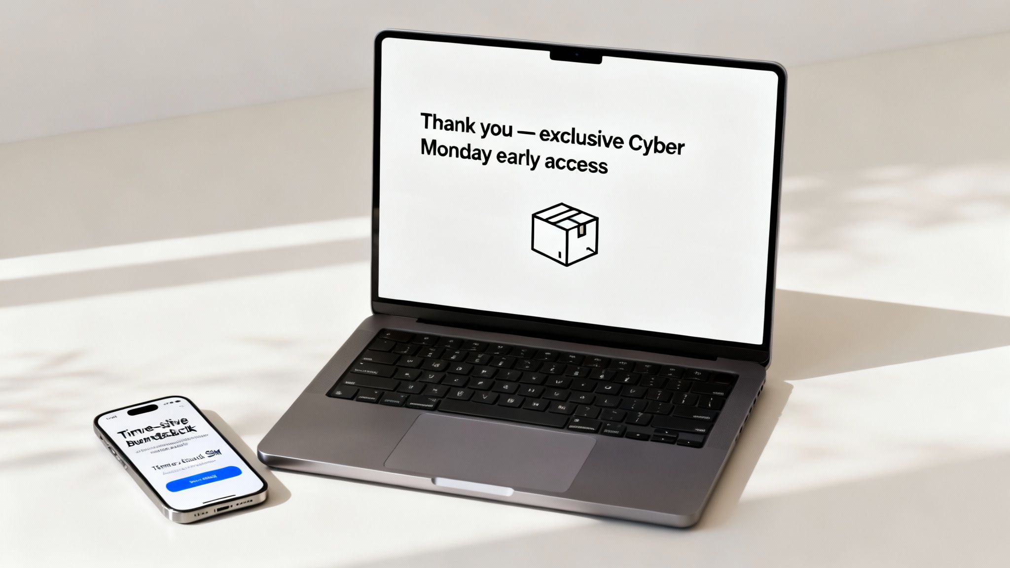 Laptop displaying Cyber Monday early access thank you message with smartphone showing countdown timer