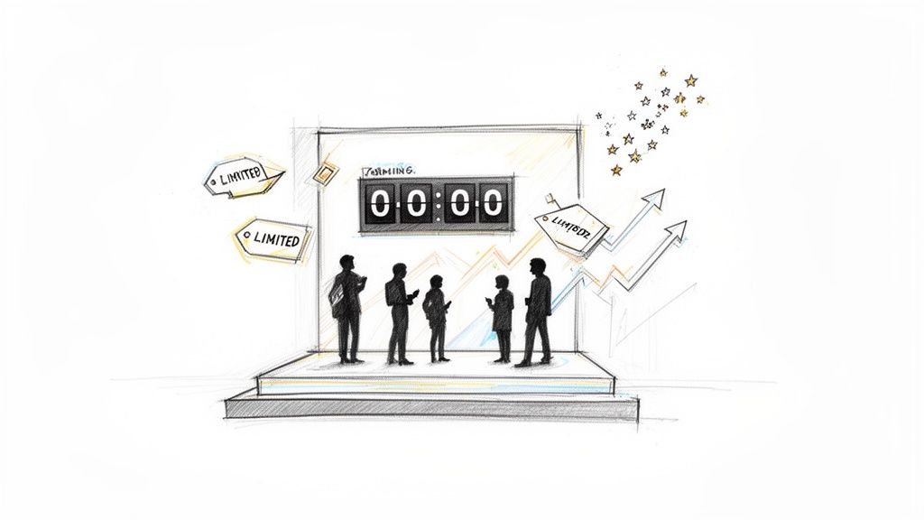 Silhouettes of people watching a timer for a limited product launch, surrounded by stars and arrows.