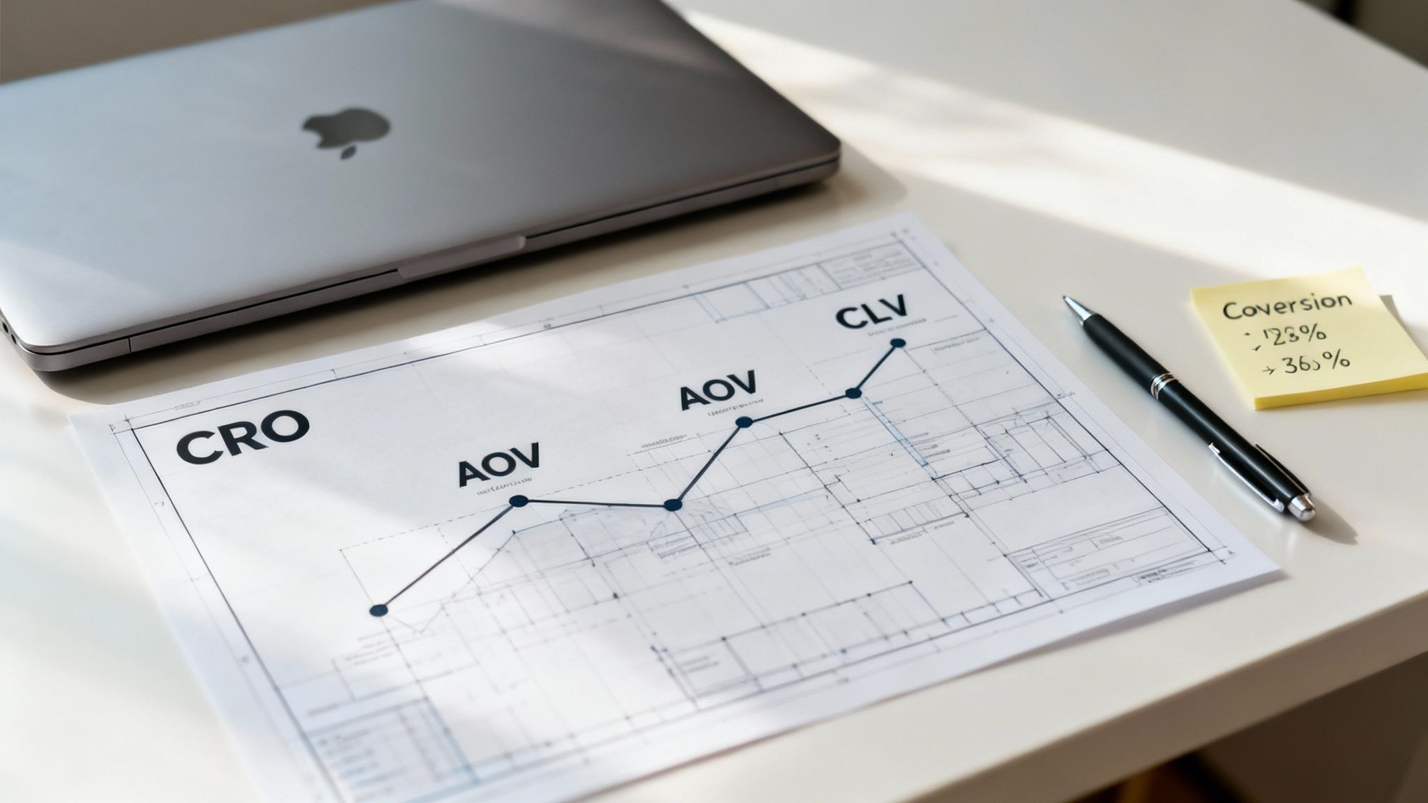 A desk setup with a laptop, a chart showing CRO, AOV, CLV growth, a pen, and a conversion sticky note.