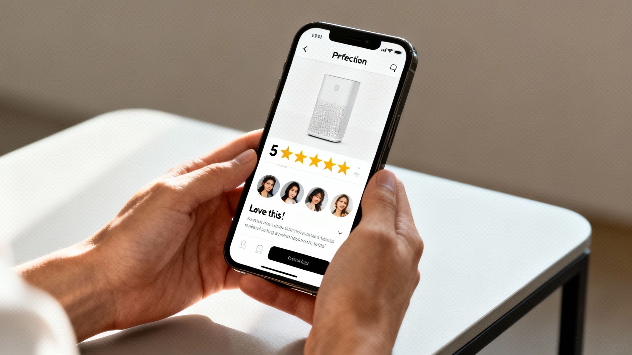Close-up of hands holding a smartphone displaying an air purifier product page with 5-star reviews.