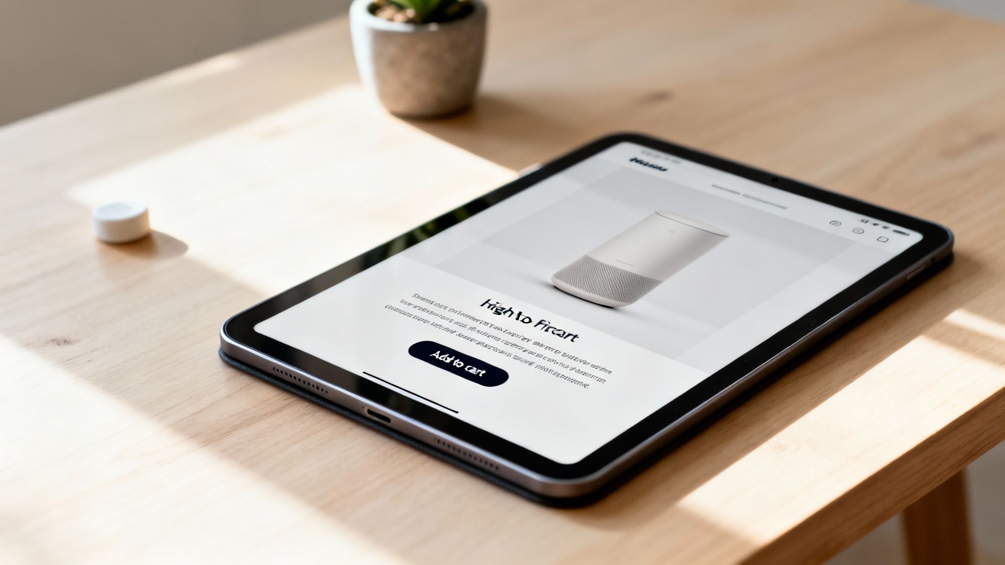A close-up shot of an iPad displaying an e-commerce product page with a smart speaker on a wooden desk.