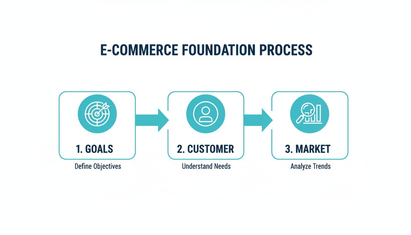 Diagram showing the E-commerce Foundation Process steps: Goals, Customer, and Market analysis.
