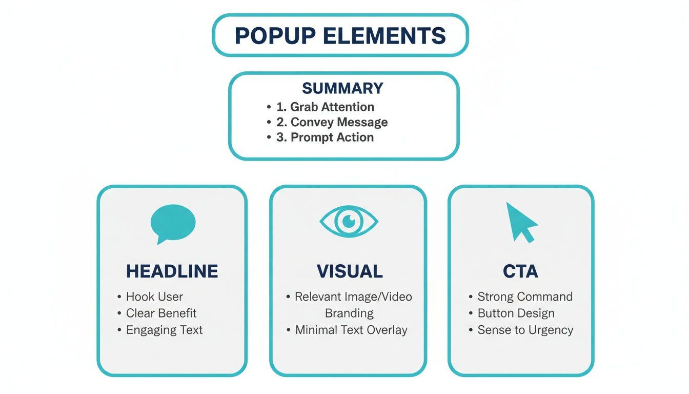 Diagram explaining the essential elements of effective popups including summary, headline, visual, and call to action.