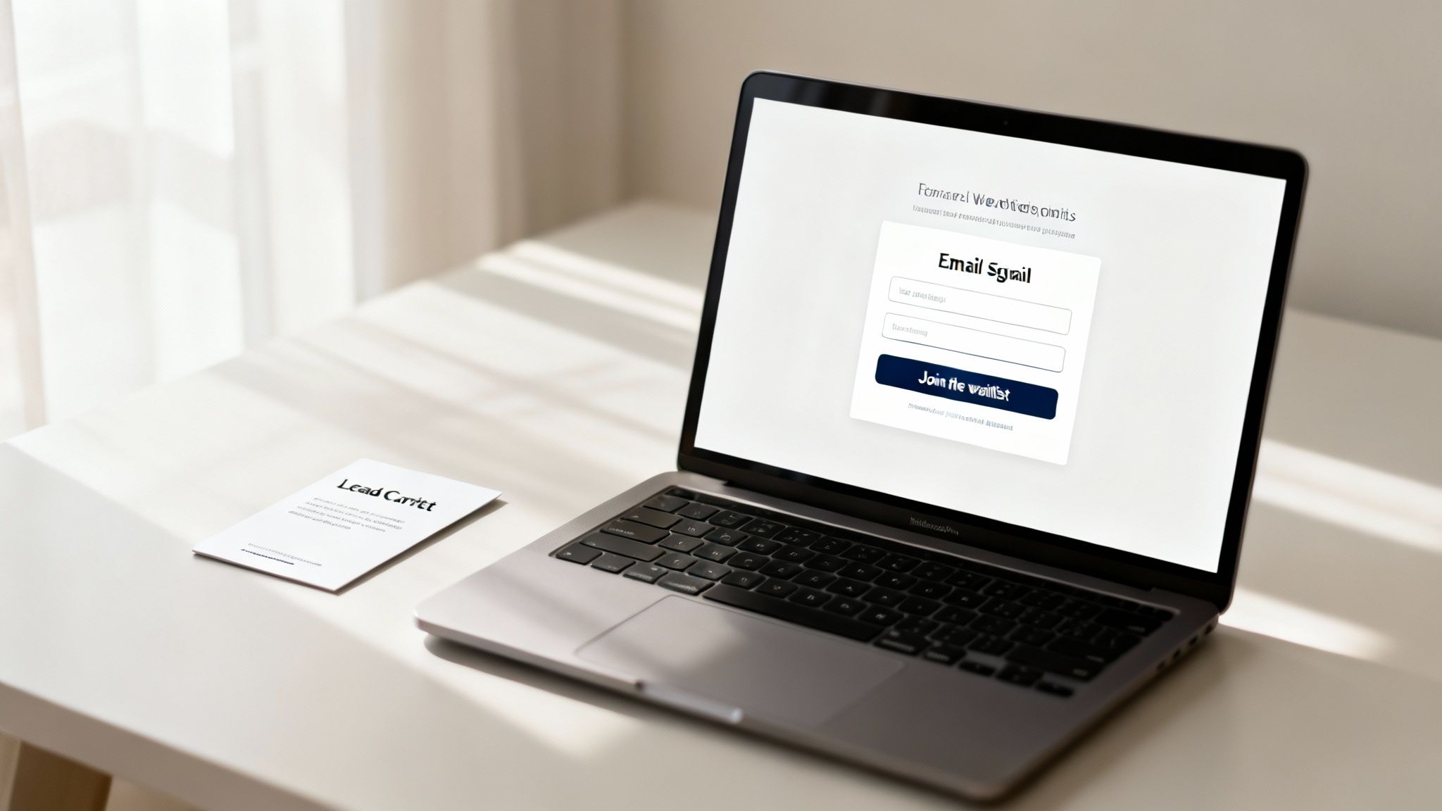 A laptop on a white desk displaying a pre-launch email sign-up form for a waitlist.
