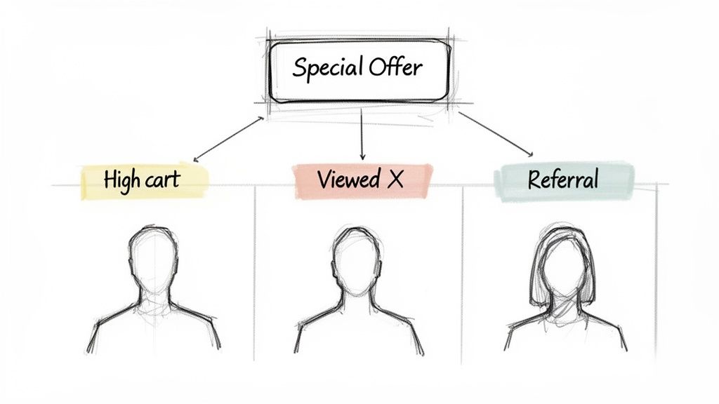 Diagram showing a special offer targeted to customers based on high cart value, viewed items, or referrals.