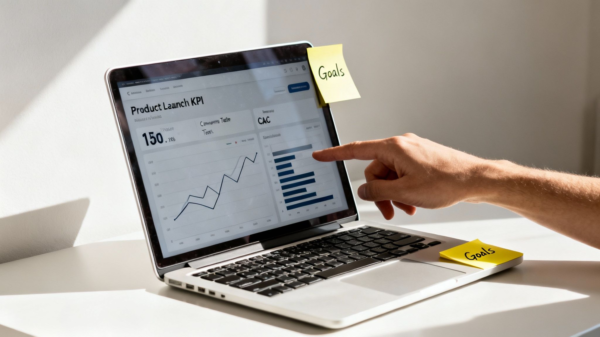 A hand points at a laptop screen displaying a product launch KPI dashboard with charts and 'Goals' sticky notes.