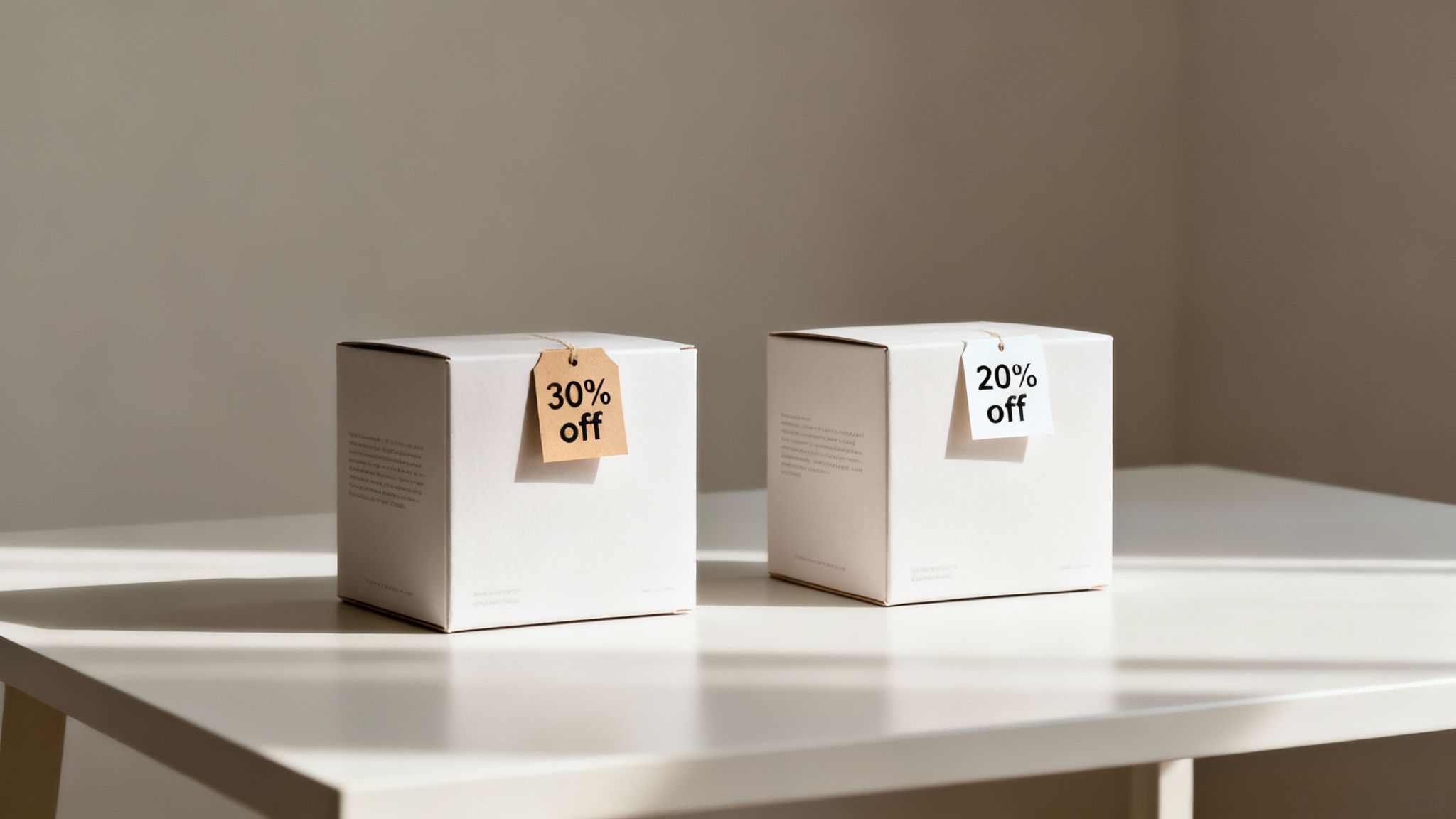Two minimalist product boxes with '30% off' and '20% off' discount tags on a bright surface.