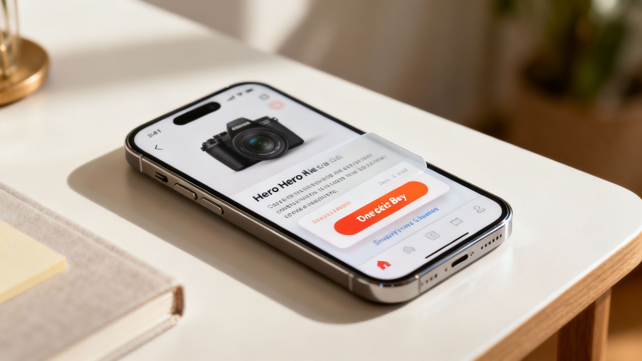 A smartphone displaying an e-commerce product page for a camera with a 'One-click Buy' button on a white table.